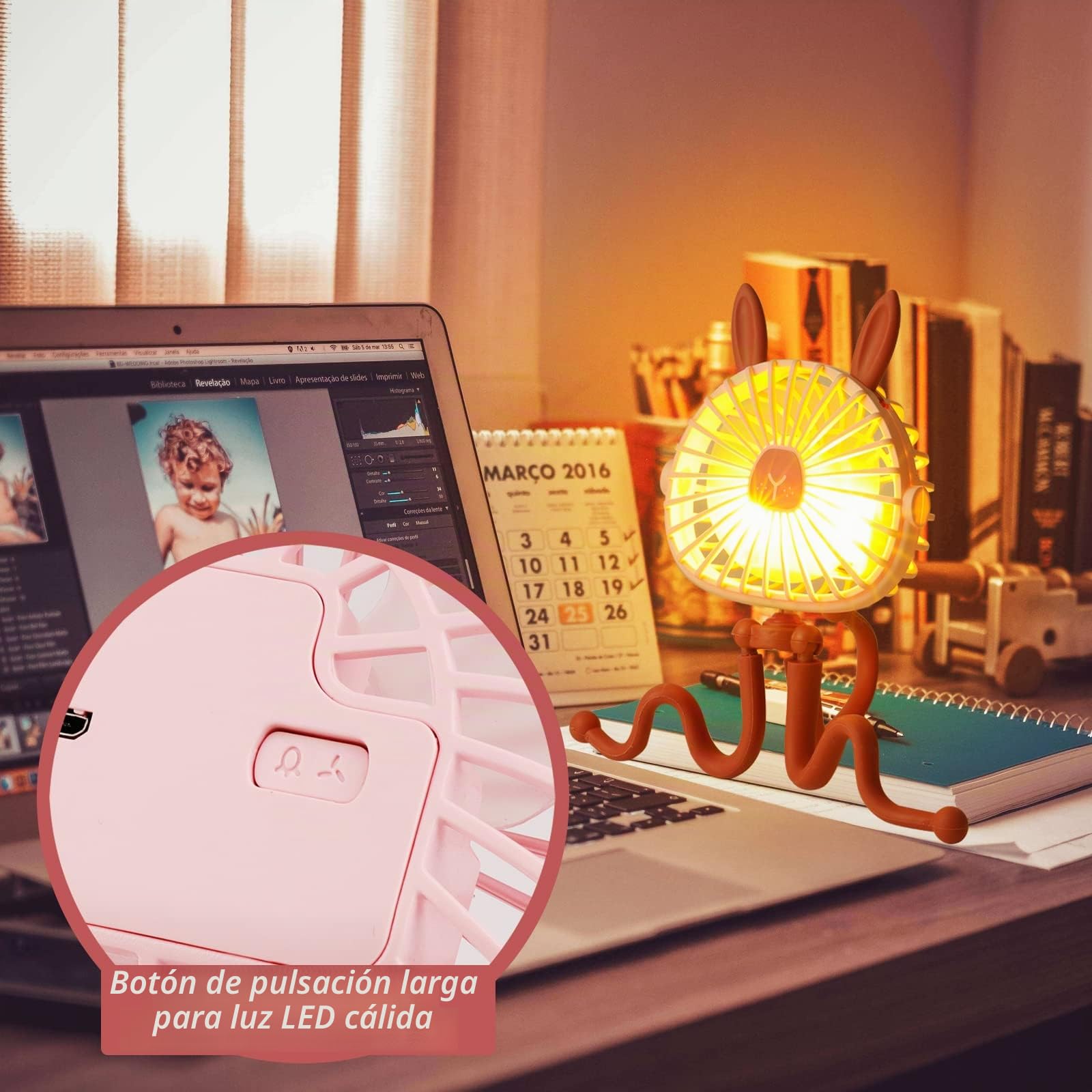 Ventilador de Cochecito con Orejas de Ratón, Ventilador Bebe con Trípode Flexible con luz LED, Ventilador USB Portátil, 360° Giratorio, Pilas Recargables, para Asiento de Coche Cuna Camping Oficina