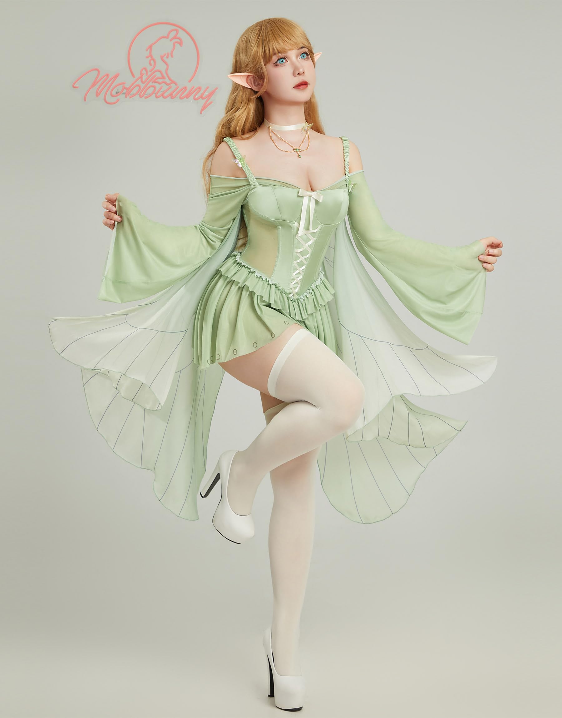 Women Fairy Cosplay Costume Green Elf Ruffle Elegant Leotard Dress with Necklace Stockings Halloween Rave: Large Green
