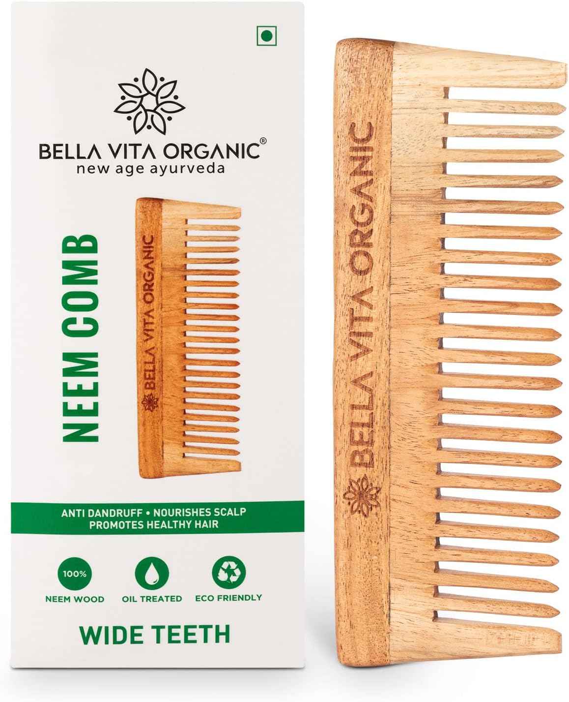 Bella Vita Organic Neem Wooden Comb Wide Teeth for Tangle Free Curls, Healthy Scalp, Hair Growth, Hairfall & Dandruff Control for Men & Women Medium