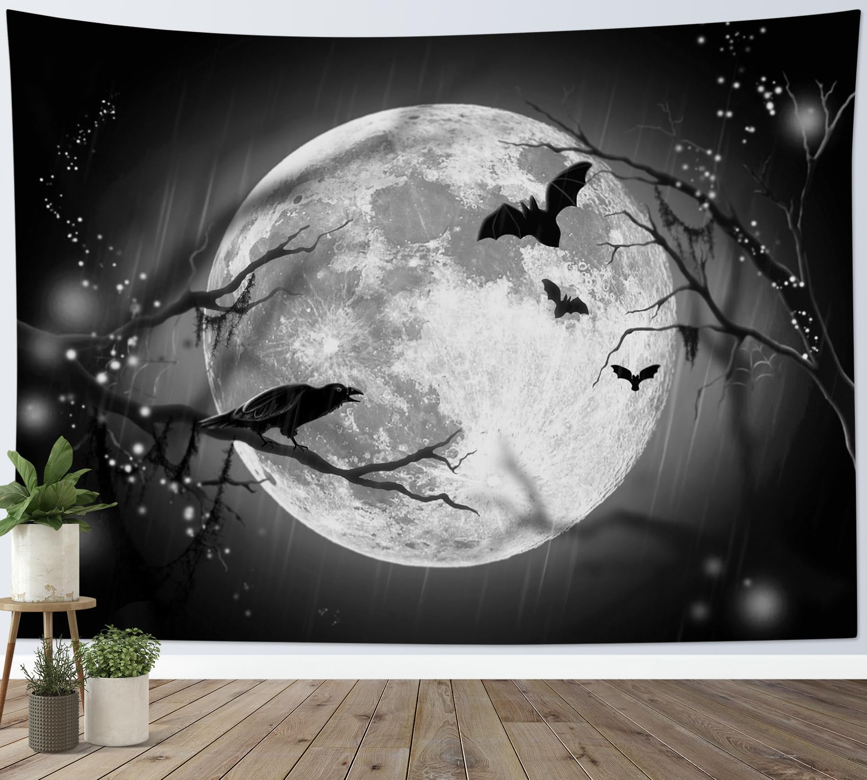 LB Halloween Full Moon Tapestry, Horror Black Crow with Bat on Grey and Black Night Sky Wall Tapestry for Bedroom, Creppy Bat Wall Hanging Tapestry