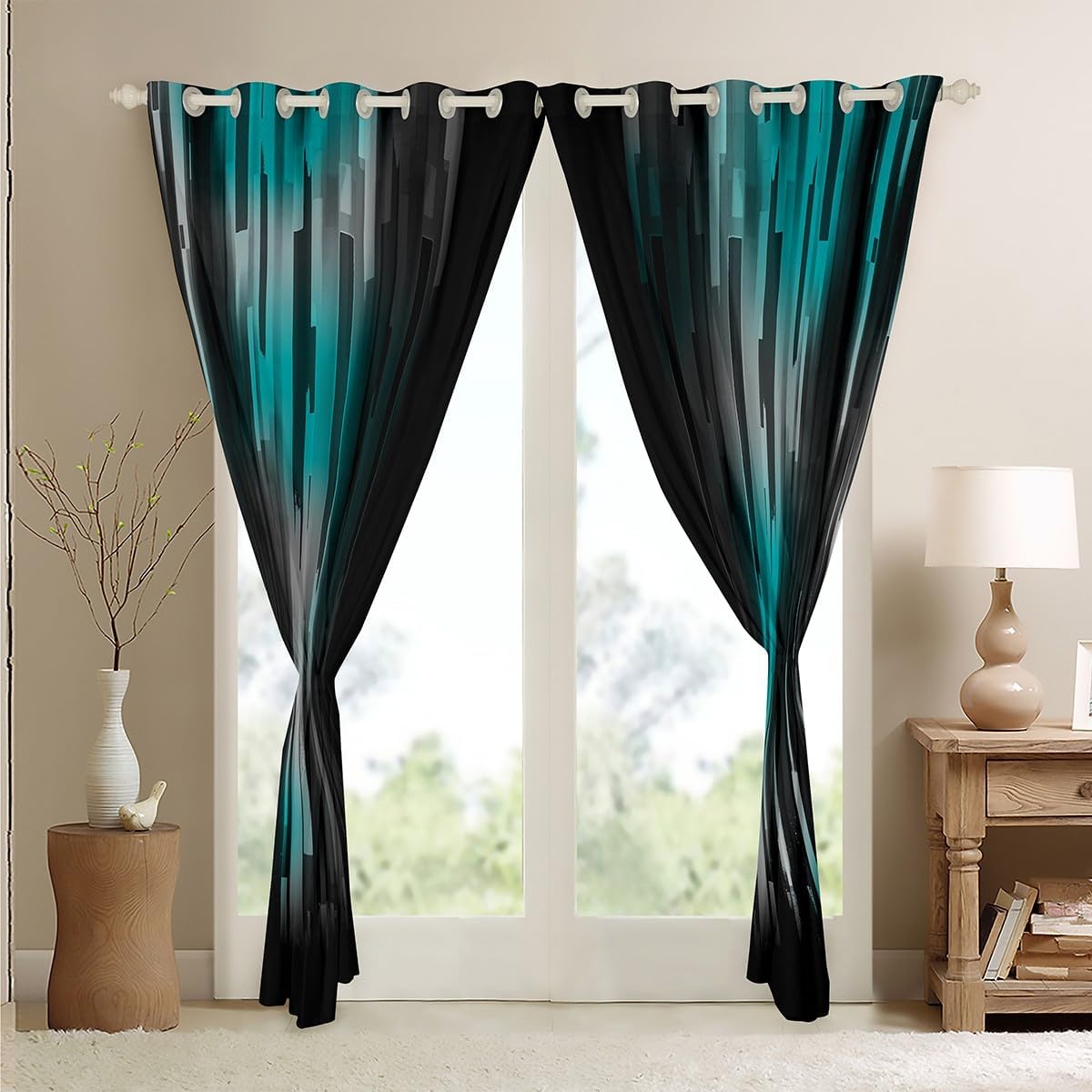 Feelyou Teal Blue and Grey Ombre Window Curtains for Bedroom Living Room Ombre Curtains Abstract Art Design Window Drapes Modern Window Treatments 52W X 63L,2 Panels