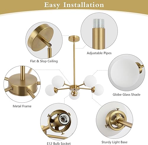 Miniatura 3 de WINGBO Sputnik - Candelabro moderno de 12 luces, lámpara de pedante con pantalla de globo de vidrio blanco ópalo grande para techo plano y