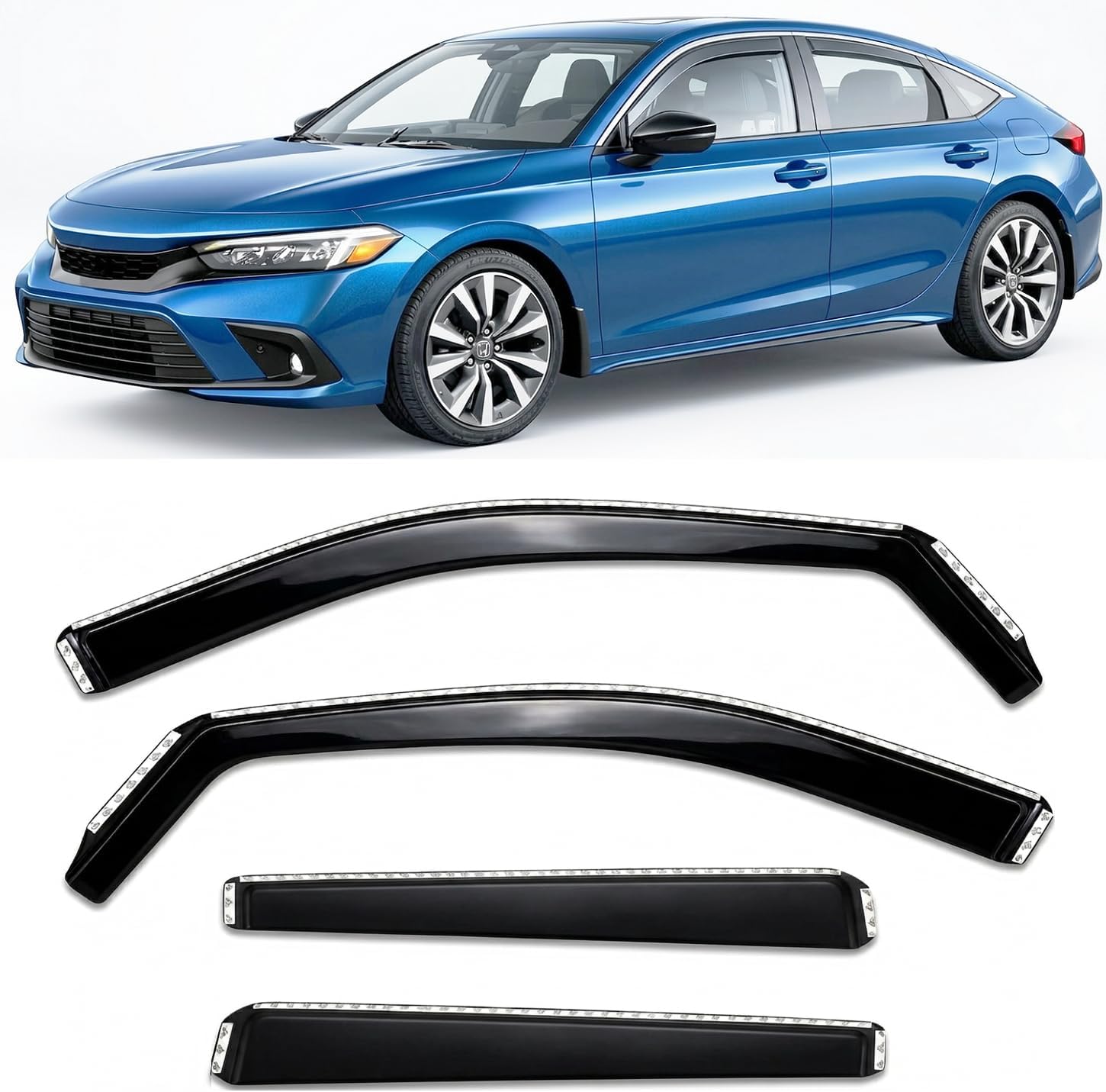 2022-2026 in-Channel Rain Guards for Honda Civic Hatchback Side Window Visor Deflectors HB LX EX-L Sport Touring Hybrid Tinted Vent Shades Protectors 2023 2024 2025