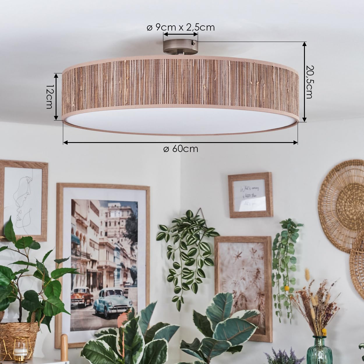 HOFSTEIN Deckenleuchte Foggia, Deckenlampe aus Metall/Schilfgras/Kunststoff in Nickel-matt/Braun/Weiß, runde Leuchte im modernen Boho-Design (Ø 60 cm), E27, Esszimmer, Wohnzimmer, Schlafzimmer, Küche