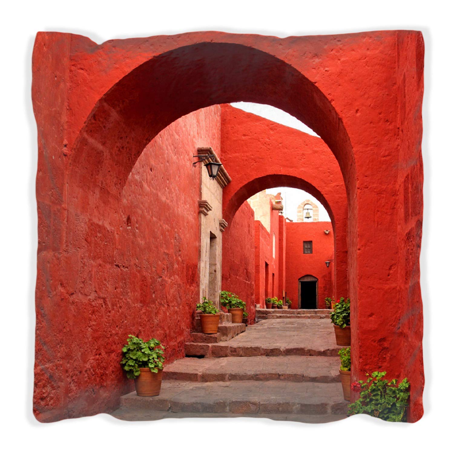 Wallario Dekokissen 30 x 30 cm, Roter Torbogen, beidseitig Bedruckt, Kuschelkissen mit weicher Plüsch-Oberfläche