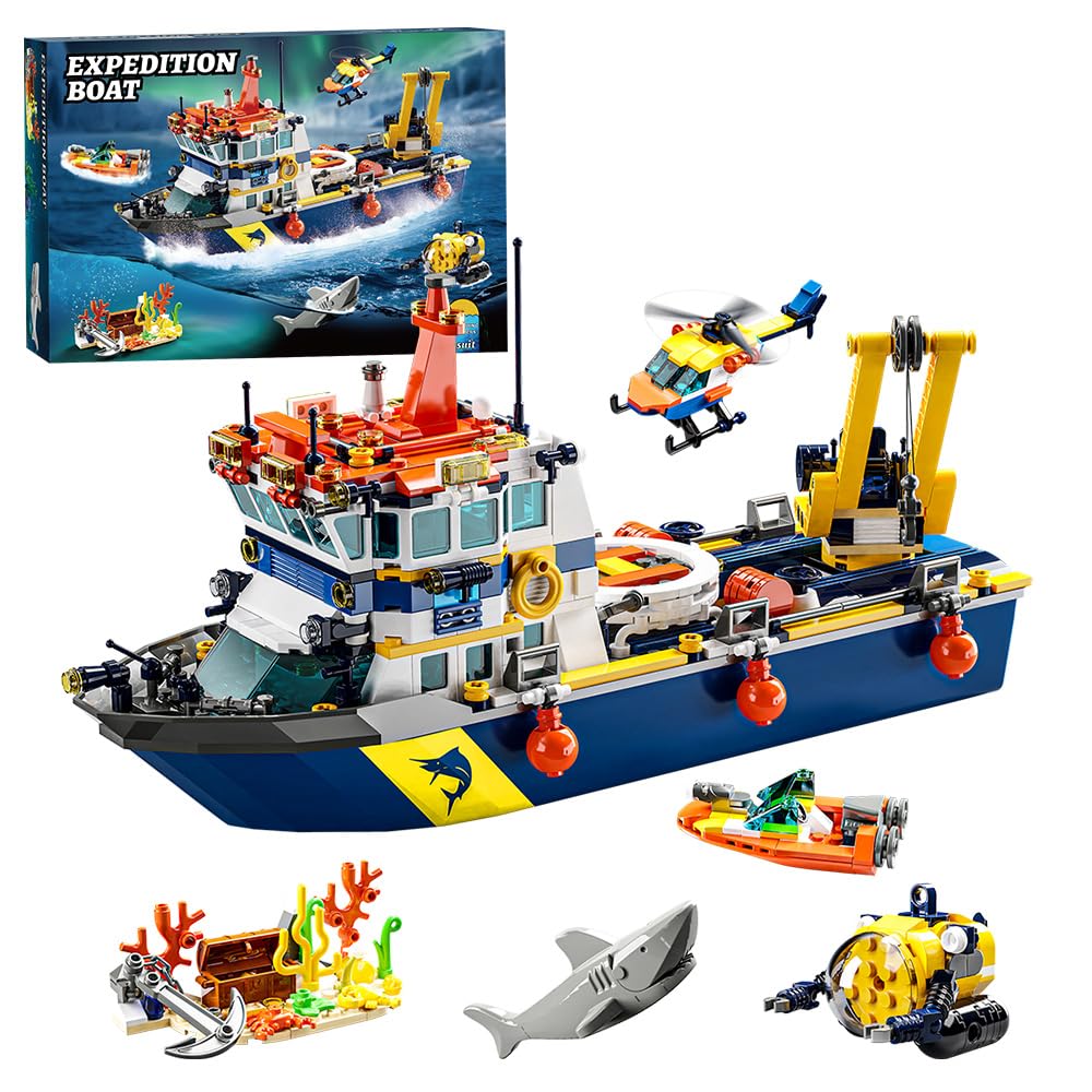 RiceBlock City Scientific Research Ship Building Blocks Sets, Ocean Exploration Team Building Toys, Expedition Boat Model Kits, Ideal Compatible with Lego, 938 Pieces