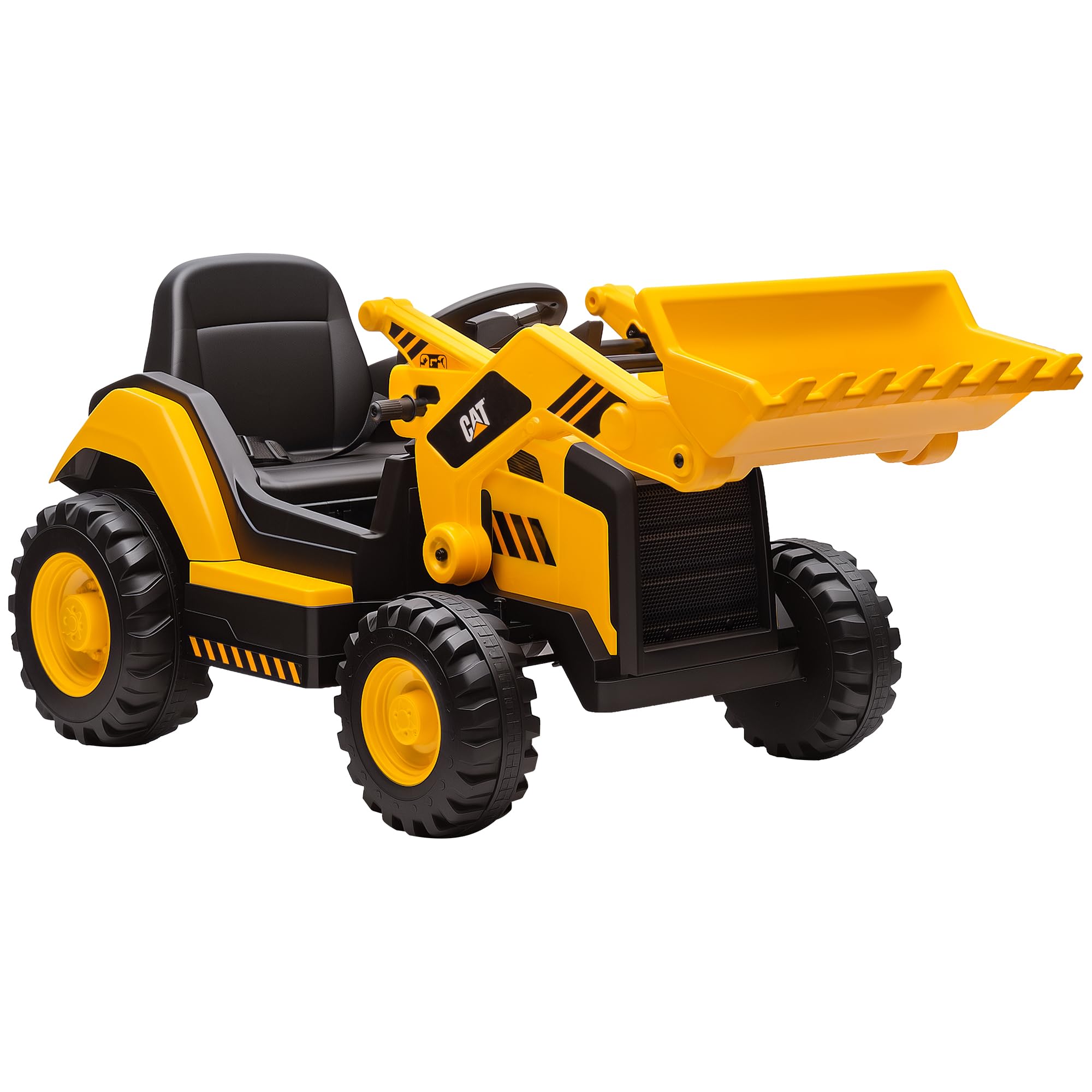 AIYAPLAY Ruspa Elettrica per Bambini 3-6Anni Licenza CAT con Benna Giallo | Macchina Elettrica Escavatore Trattore Giocattolo Cavalcabile, 12V 7AH, 2 Motori, Telecomando, Musica, Bluetooth e USB