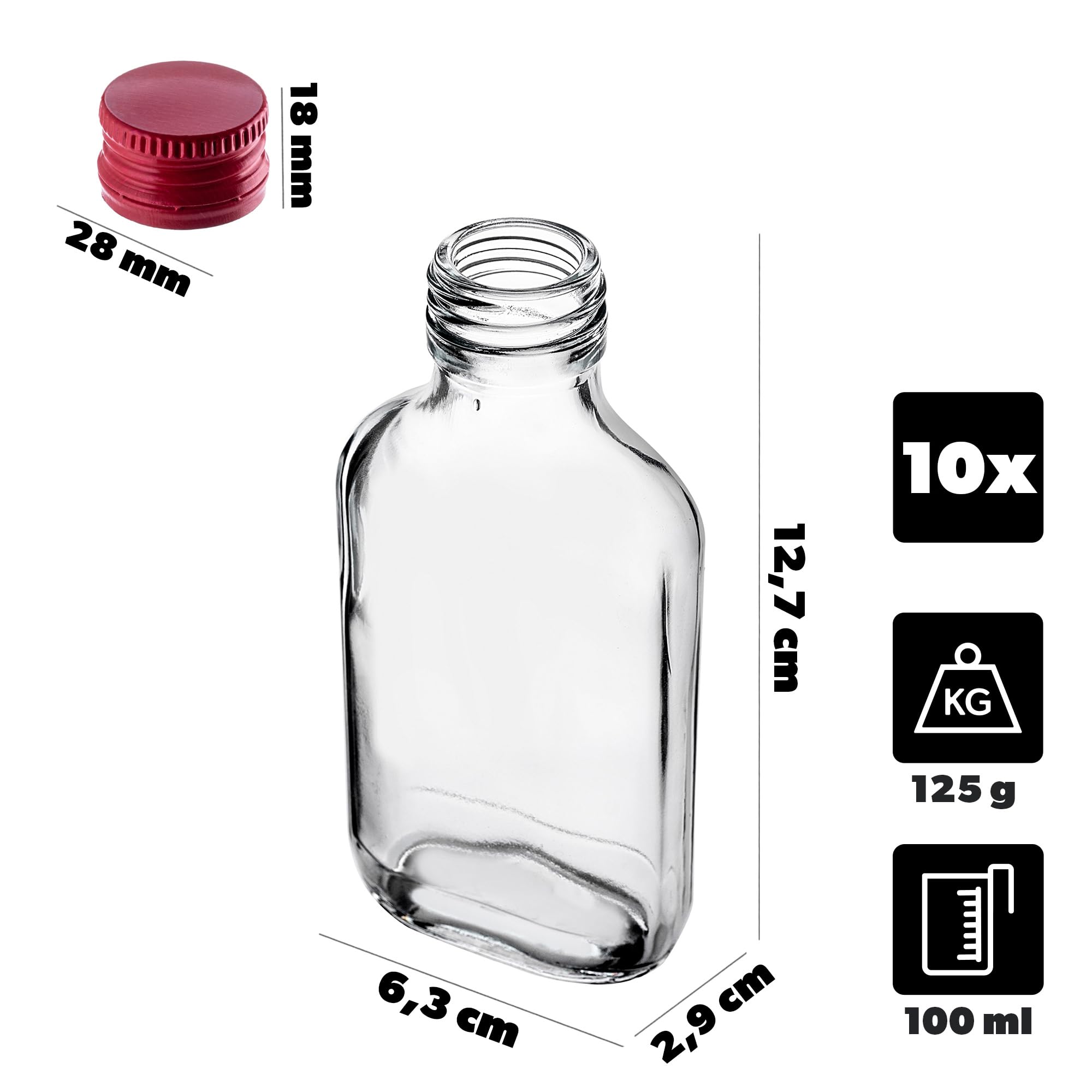 KADAX Flachmann 100 ml 10 sztuk małe szklane butelki z zakrętką Puste butelki do napełniania mini butelki z likierem (czerwony)