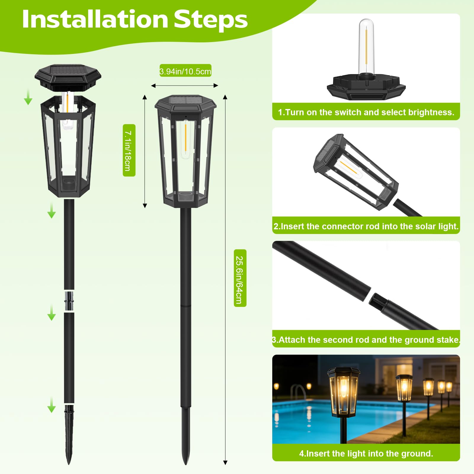 AGOTD Lampes solaires de jardin avec LED blanc chaud, lampes solaires étanches pour l'extérieur, métal noir et verre, design lanterne pour jardin, pelouse, terrasse, cour - 4