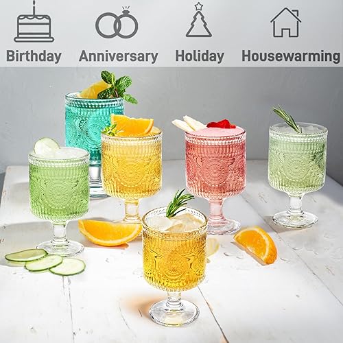 Miniatura 3 de Paquete de 6 vasos de copa vintage, vaso de vidrio floral en relieve de 8 onzas, cristalería de vino romántica transparente, copas de patrón