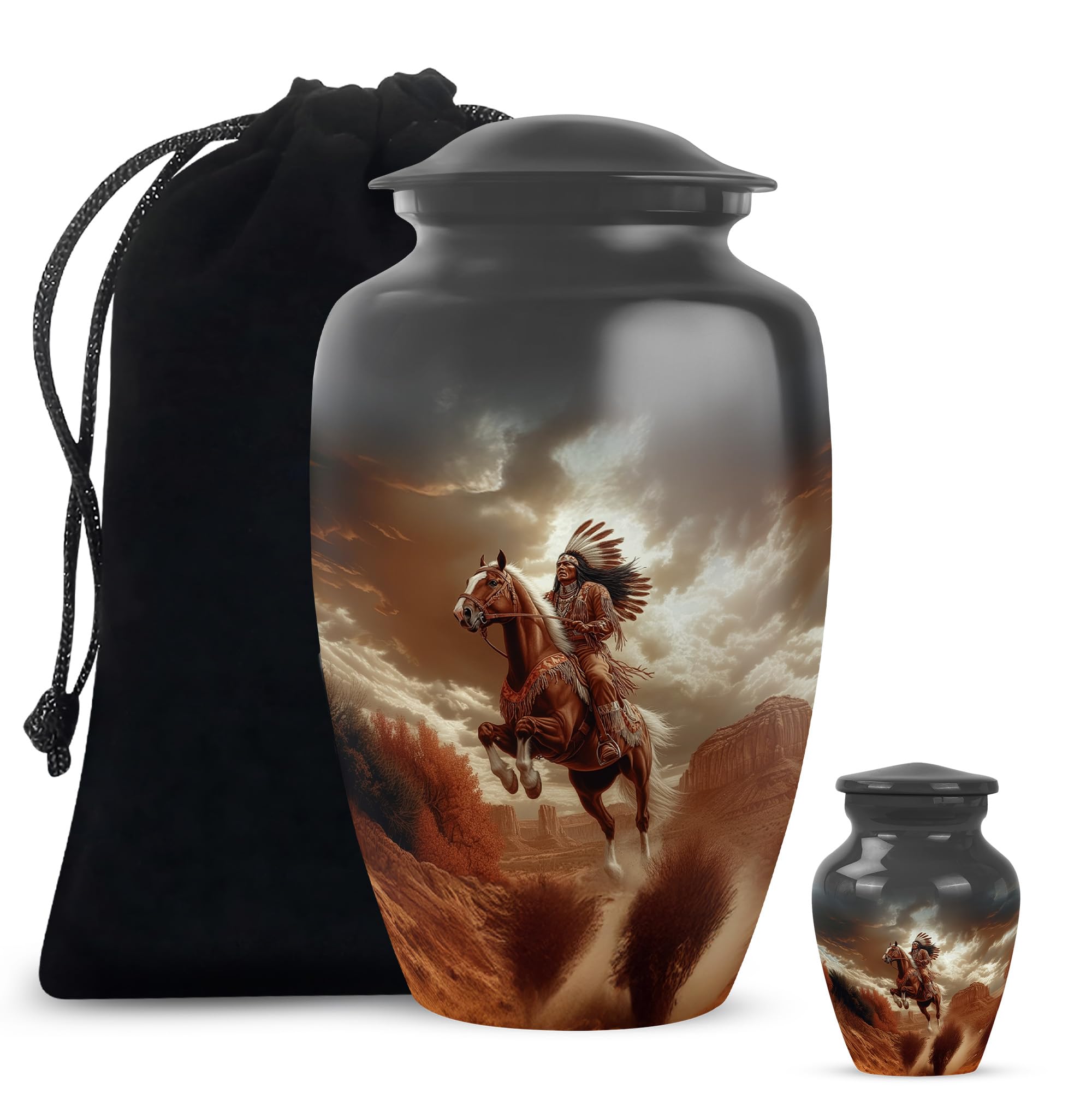 MUKTIVE Native American Urns for Human Ashes Indian - Pack of 2 (10" Ashes Holder & 3" Urn) - Small and Large Urn Set, Pet Memorial Box, Mini Urns for Human Ashes, Cremation Keepsakes