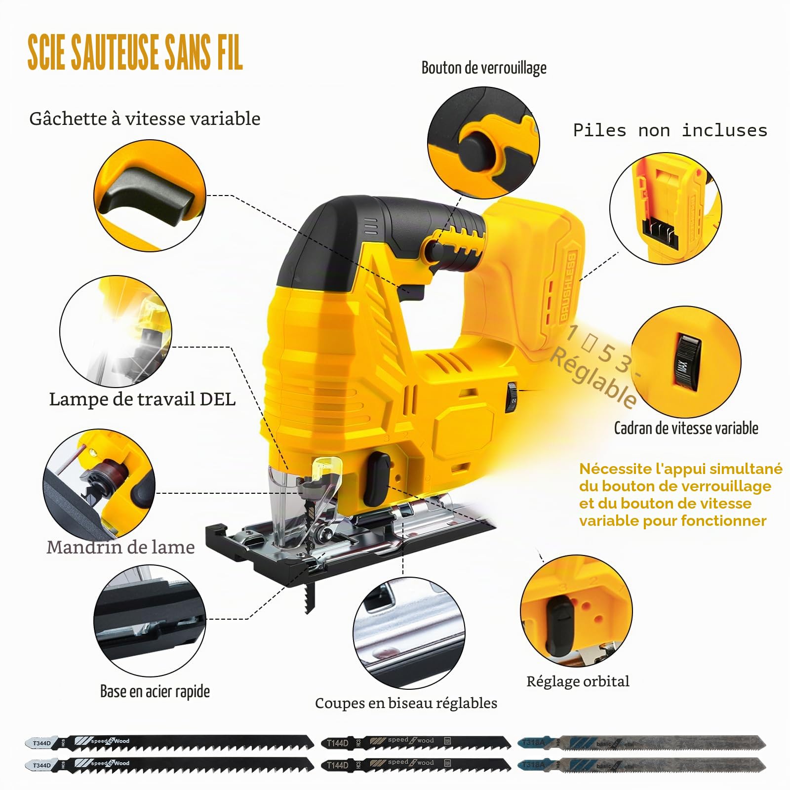 Scie sauteuse sans fil compatible avec batterie Dewalt 20V, outil de coupe de scie sauteuse sans balais 400 W, 2700 tr/min, coupes biseautées à 45° pour des coupes droites/incurvées/circulaires