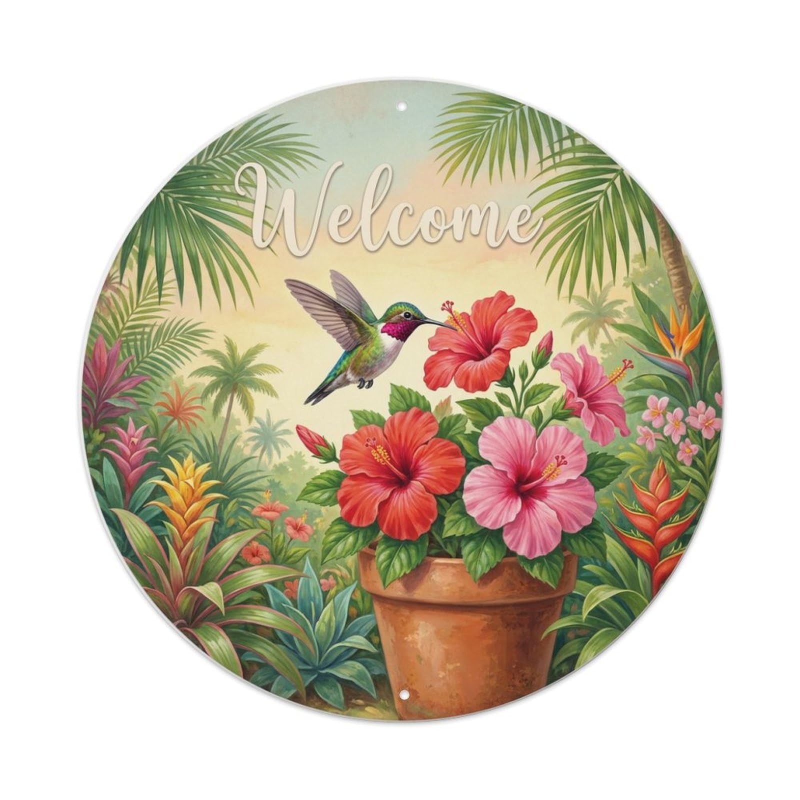 Metal Tin Sign Welcome Hummingbird Hibiscus