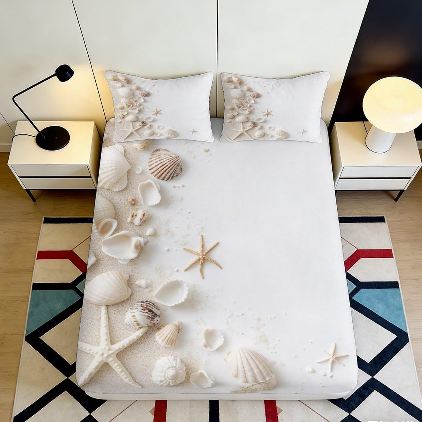 3D Printed Seashell Beach Fitted Sheet Microfiber Soft Anti-Slip Starfish Sand Mattress Cover for Bedroom Decor 120x200x25cm