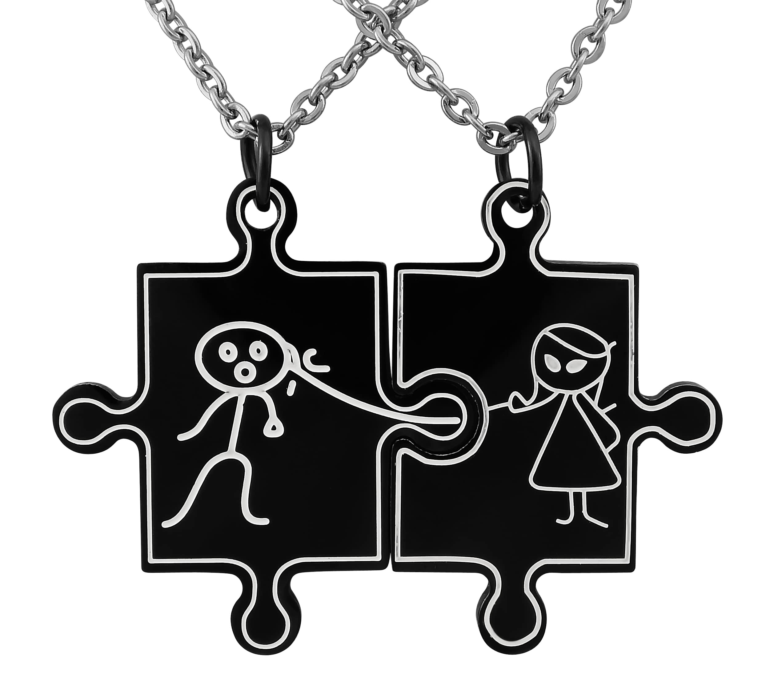 2 Stück Personalisierte Kette mit Gravur Edelstahl mit Anhänger Puzzle Teil in silber schwarz gold - Personalisierte Geschenke für Damen Herren Freundin Freund - Partner Halskette Sie Ihn