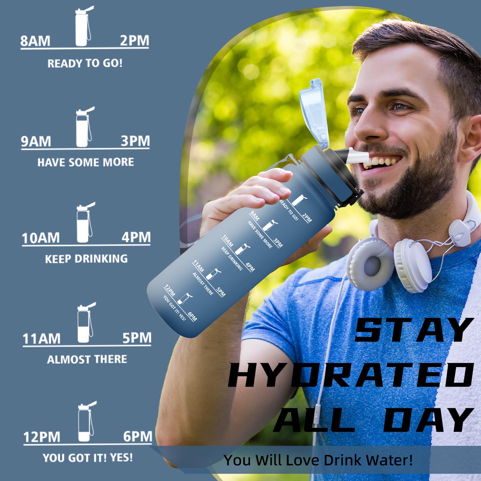 Grsta Borraccia 1 litro, Borraccia con Cannuccia, Senza Perdite, Palestra, Facile da Trasportare, Motivazionale, Con Slogan Motivazionale, Borracce per Scuole, Fitness, Campeggio, Yoga