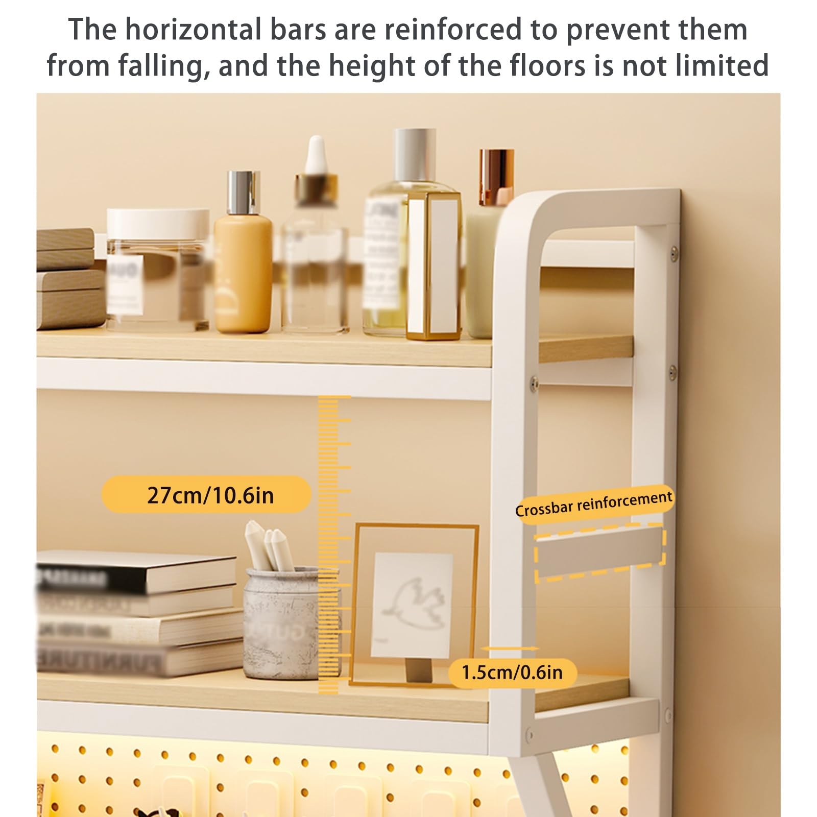 Scaffale Portaoggetti da Banco Indipendente per Scrivania Scaffale Portaoggetti Aperto con Pannello Griglia Organizer per Ufficio Domestico Libreria in Legno Metallo(White double layer,110CM/43.3IN)