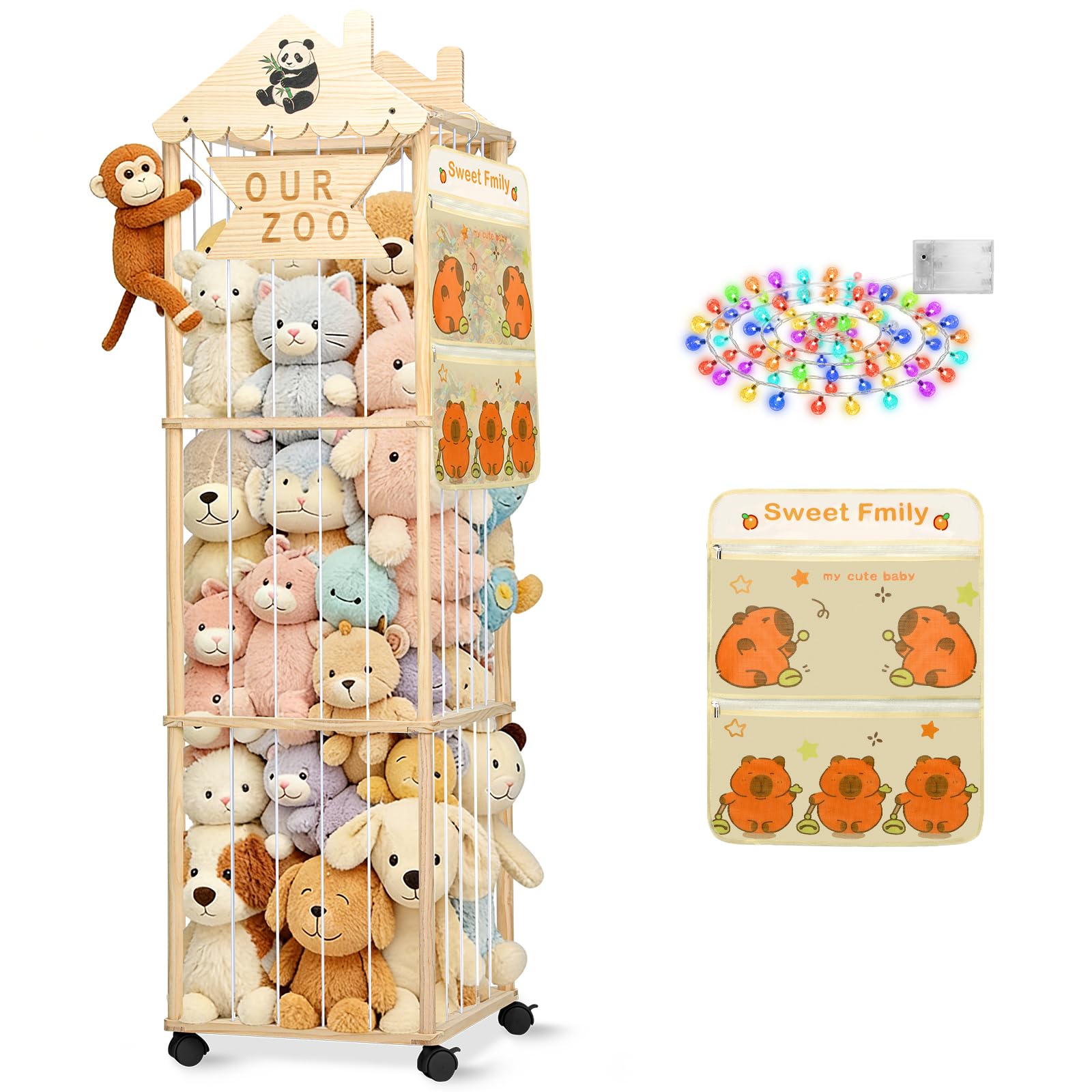 Stuffed Animal Storage Tower, Extra Large Stuffed Animal Organizer with Wheels, Wooden Tall Animal Zoo Display, Plushies Toy Holder with Lights and Pockets for Nursery, Playroom, Kids Bedroom