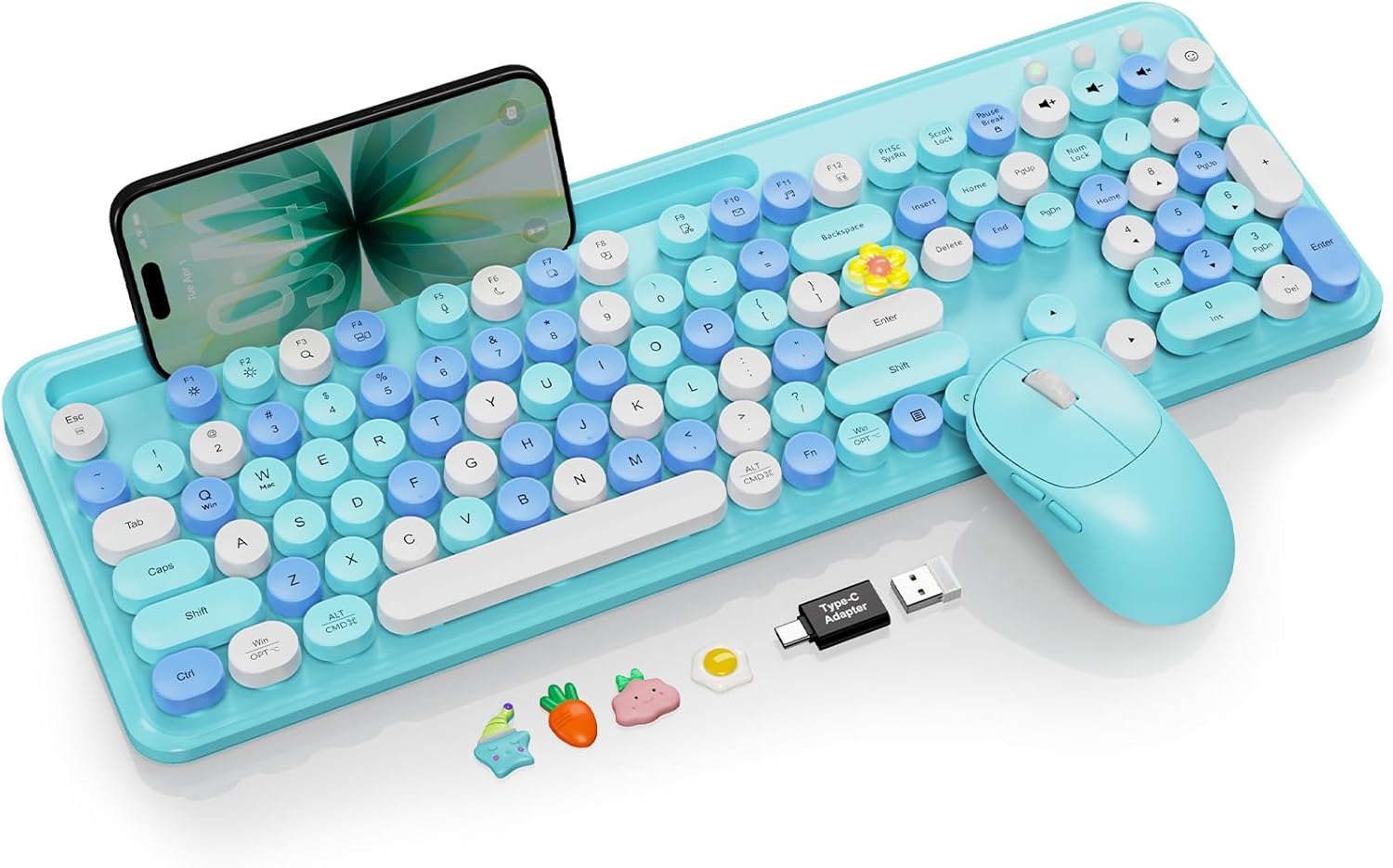 Wireless Keyboard and Mouse Combo, Retro Round Keycaps, Full-Size Cute Typewriter Keyboard with Large Phone/Tablet Holder, Auto-Sleep, 2.4GHz Cordless Connection for Windows/PC/Laptop (Sky Blue)