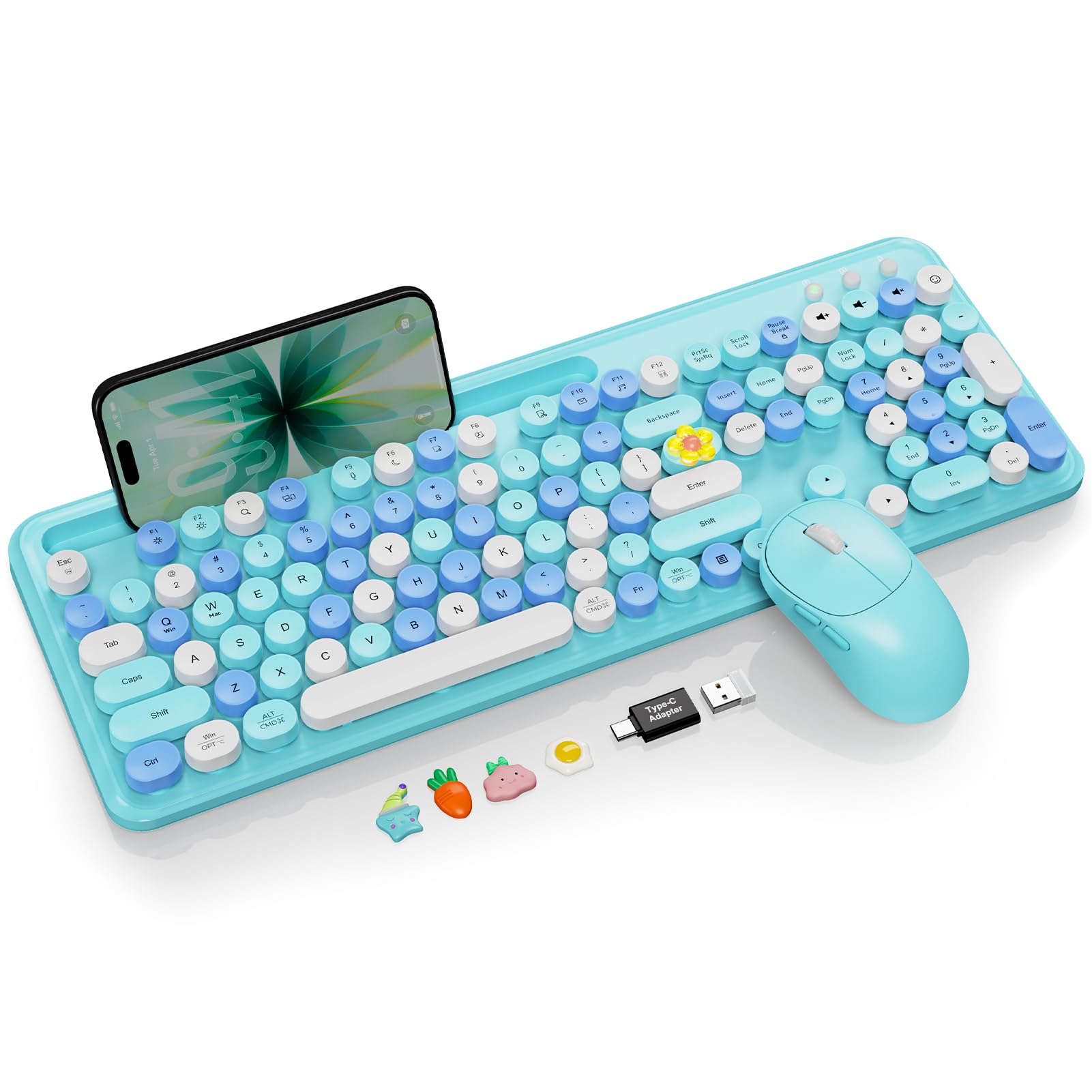 Wireless Keyboard and Mouse Combo, Retro Round Keycaps, Full-Size Cute Typewriter Keyboard with Large Phone/Tablet Holder, Auto-Sleep, 2.4GHz Cordless for Windows/PC/Laptop, Trueque CK13 (Sky Blue)