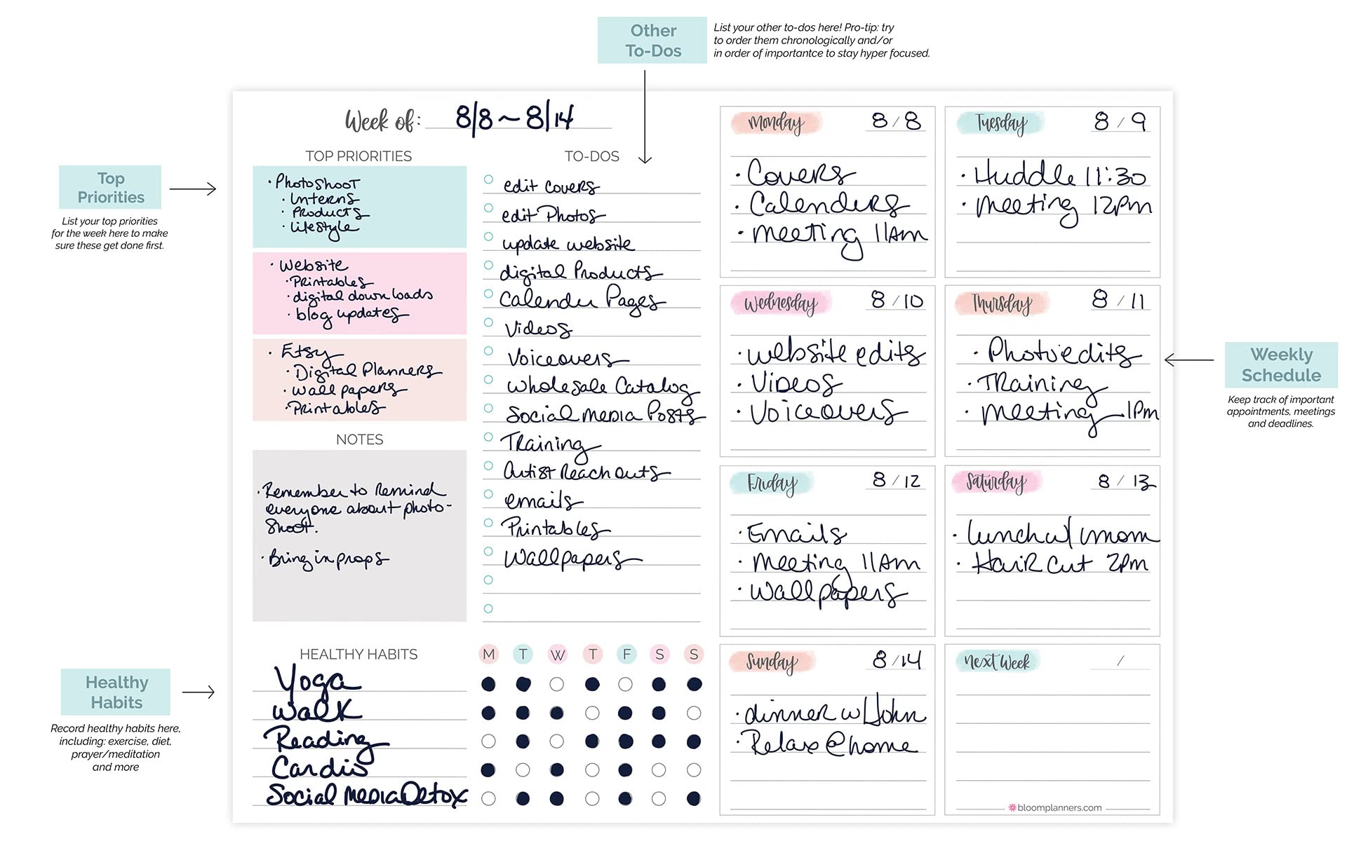 bloom daily planners Horizontal Weekly Tear-Off To Do List Planning or Chore Pad - Undated Notepad Organizer & Priorities/Healthy Habit Tracker - 8.5” x 11” - Pastel