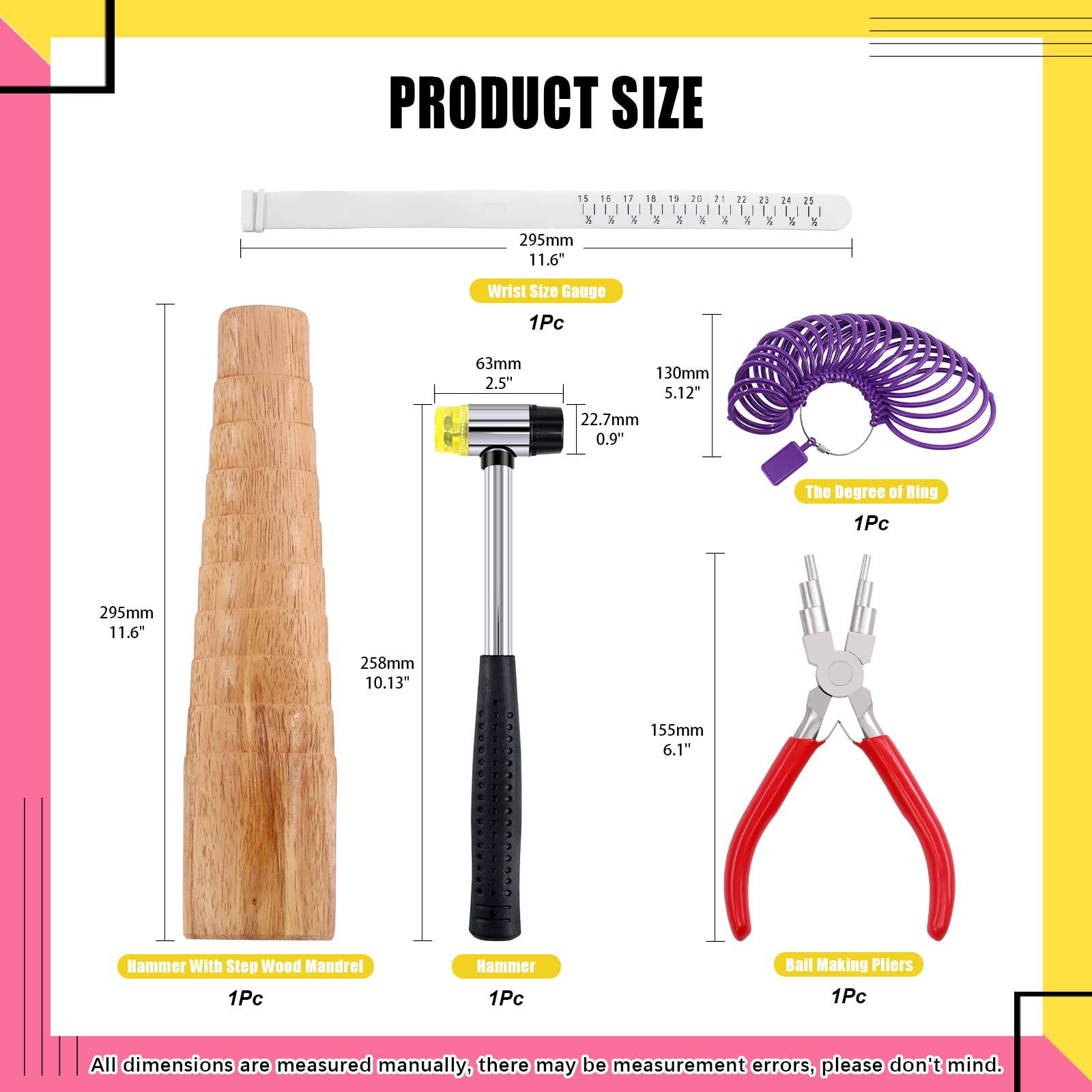 Mardatt 5 Pcs Jewelry Ring Bracelets Sizer Tools Measuring Set Includes Wooden Step Bracelet Mandrel, Rubber Hammer, Wire Bending Pliers, Wrist and Finger Sizer for Jewelry Making Crafts - Image 2