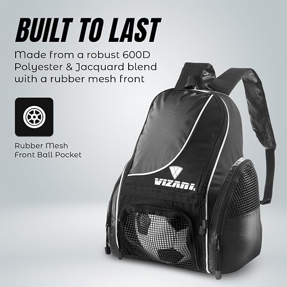 Vizari Solano Soccer Backpack With Ball Compartment and Vented Ball Pocket and Mesh Side Cargo Pockets for Adults and Teens