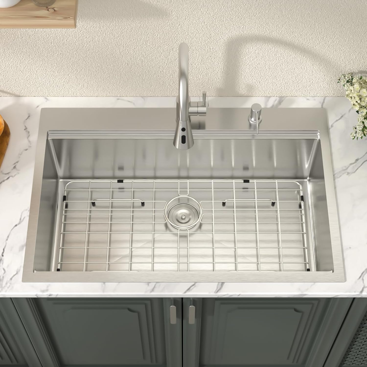 Lordear 33 Inch Drop In Kitchen Sink Workstation All In One SUS304 16 Gauge Stainless Steel 33x22 Drop In Sinks Single Bowl Handmade Above the Counter