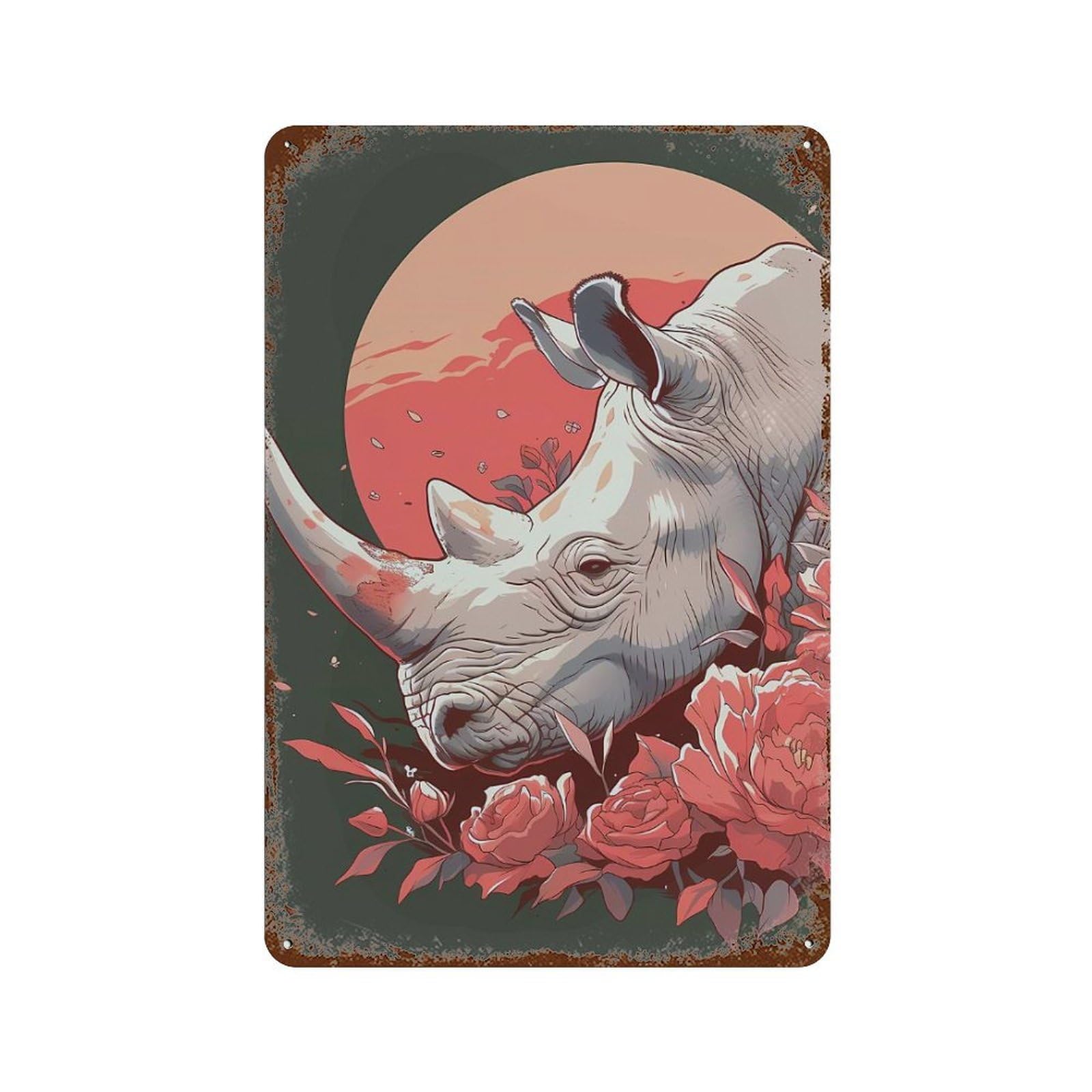 Garage Style Rhinoceros And Roses Illustration Aged Metal Wall Plaque 11.8"x7.9", Farmhouse Wall Decor for Bar And Workshop
