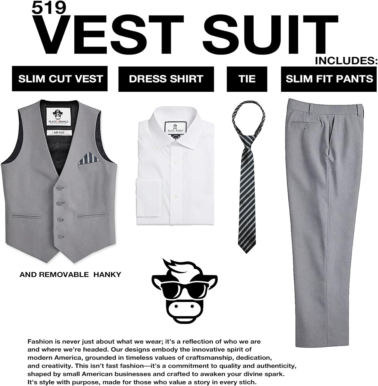 Black n Bianco Boys Five Piece Slim Fit Vest Suit with Tie, Shirt, Pants, Vest and Hanky. Style - 519