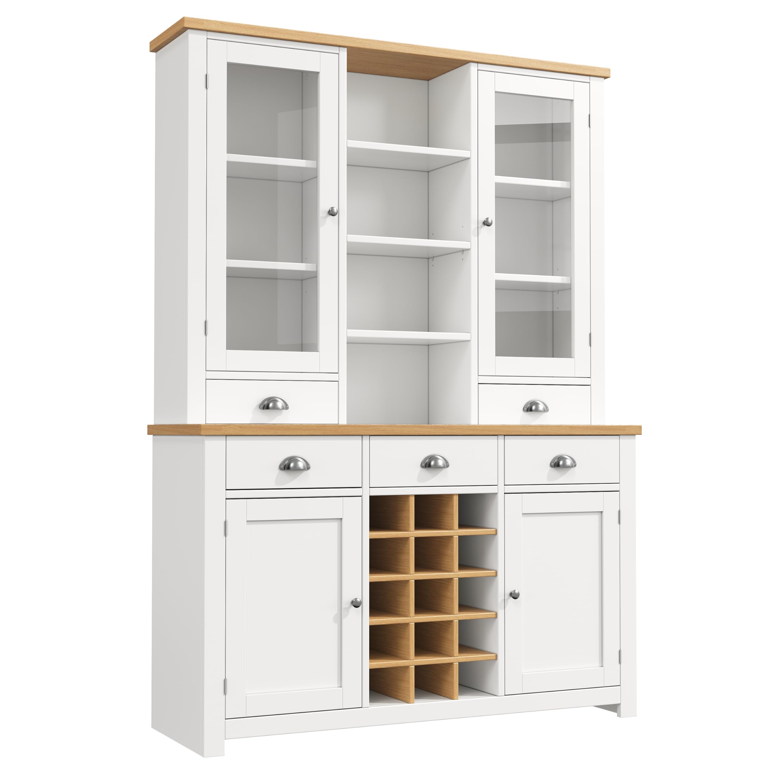 SUKY Armario alto multiusos para el hogar con protección antivuelco, armario de pie para cocina y salón con puerta de cristal, asas de metal y función de cierre suave, estante para vino extraíble, 120