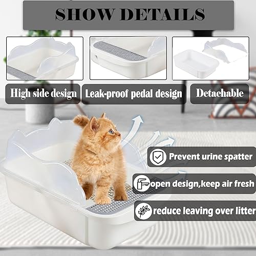 Miniatura 3 de kathson Caja de arena abierta para gatos con lado alto, bandeja de arena para gatos antisalpicaduras, inodoro para gatitos con cuchara de tamizar,