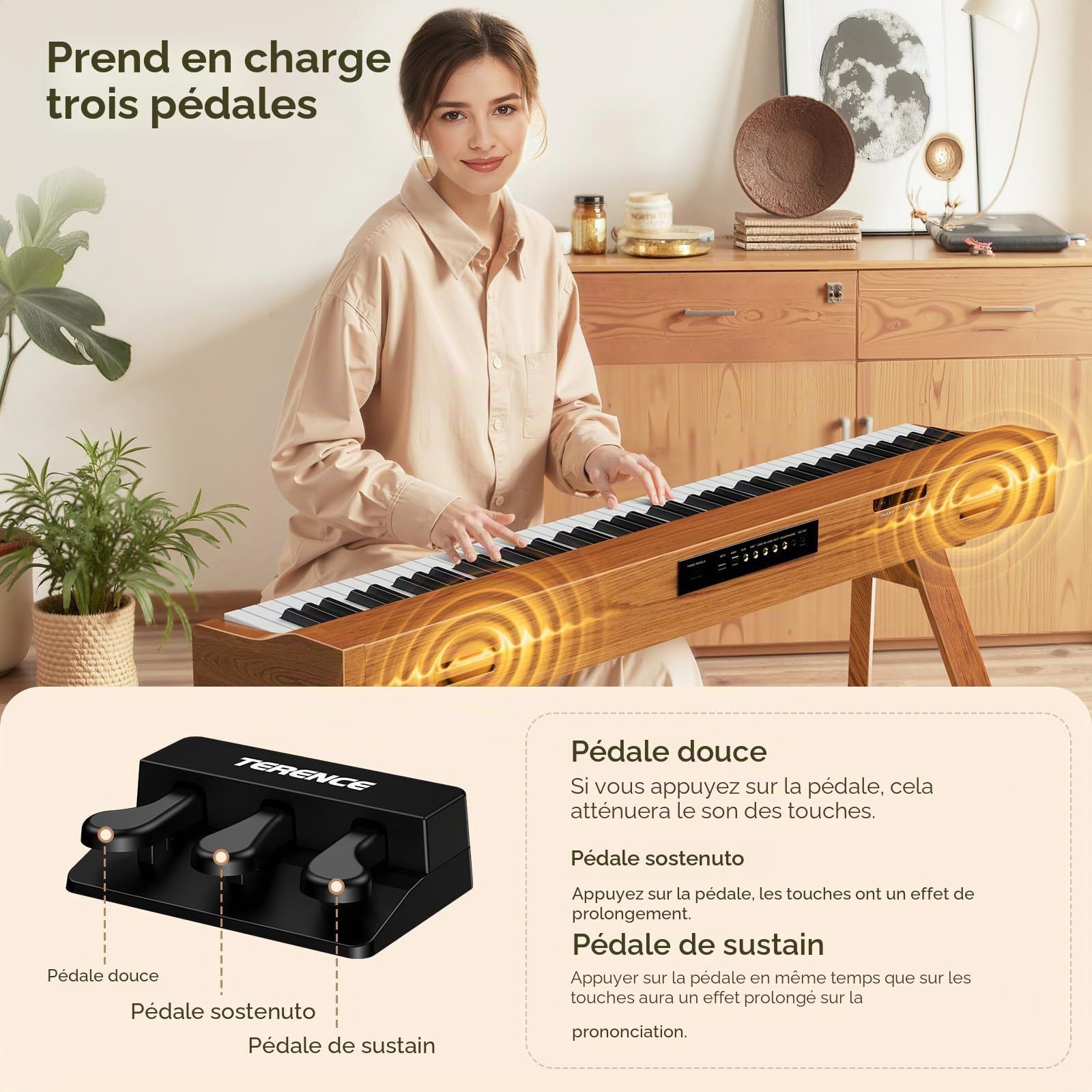 TERENCE P37 Piano Électrique 88 Touches Mécanique de Marteau Piano Numérique Professionnel Piano Numérique à Mécanisme de Marteau 88 Touches Haut-parleur 20W avec Trois Pédales et Support USB-MIDI et