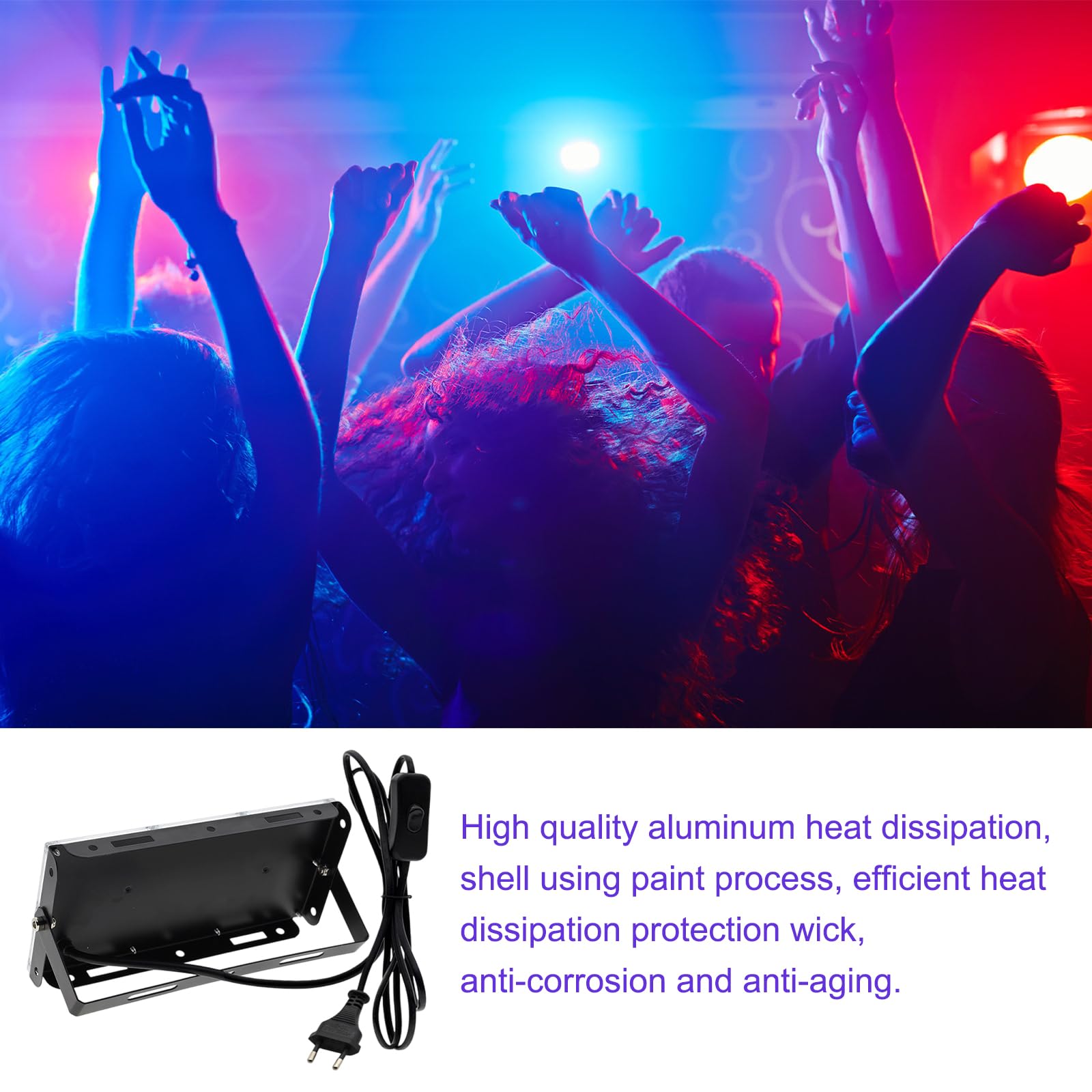 2 faretti a LED di colore nero, 50 W, con spina, IP65, impermeabili, con interruttore, 395 – 400 nm, per bar, discoteca, feste, Halloween, palcoscenici