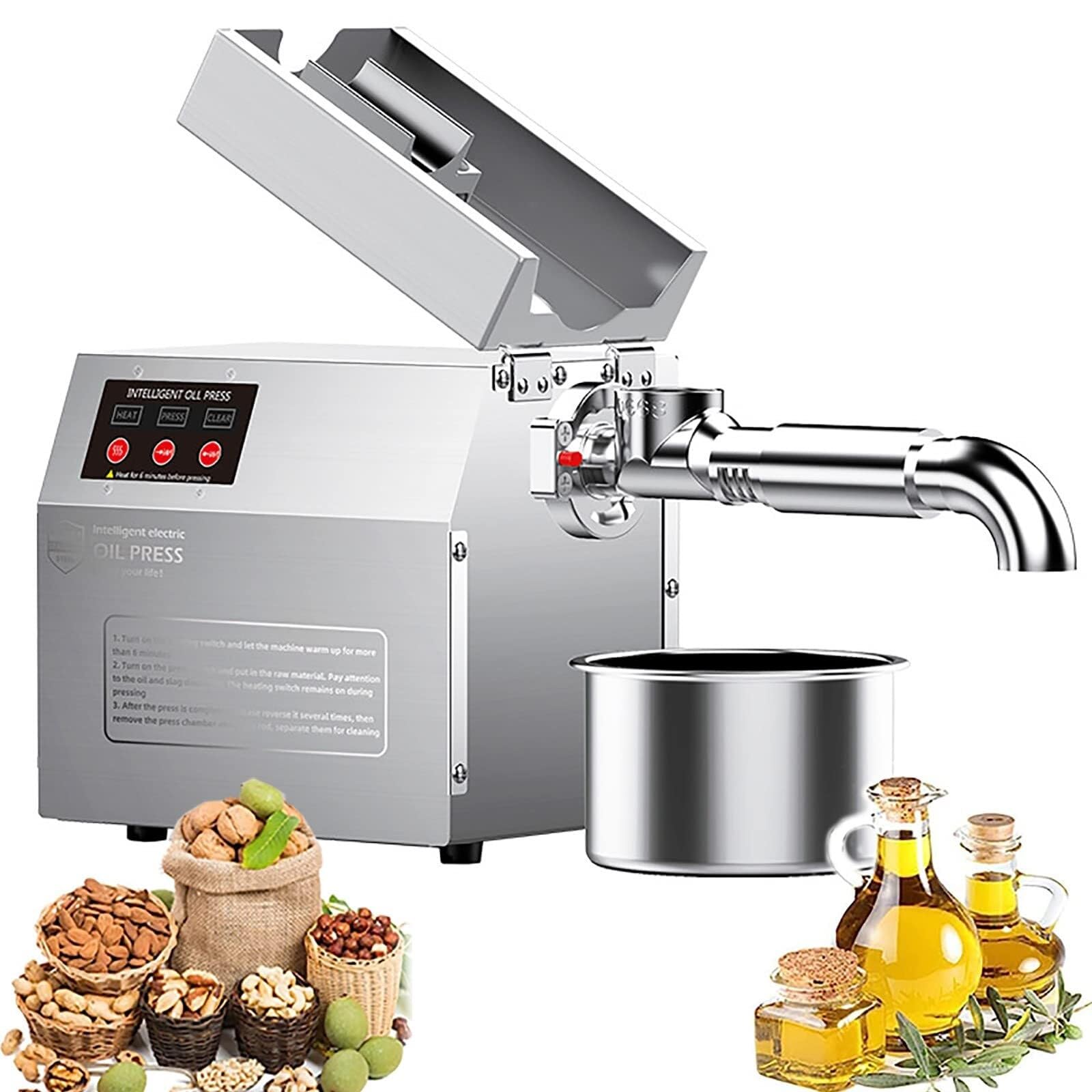 Prensa de Aceite eléctrica, Acero Inoxidable, Control de Temperatura Inteligente, Pantalla LED, Plegable, Prensa de Aceite Caliente y frío para Uso doméstico.