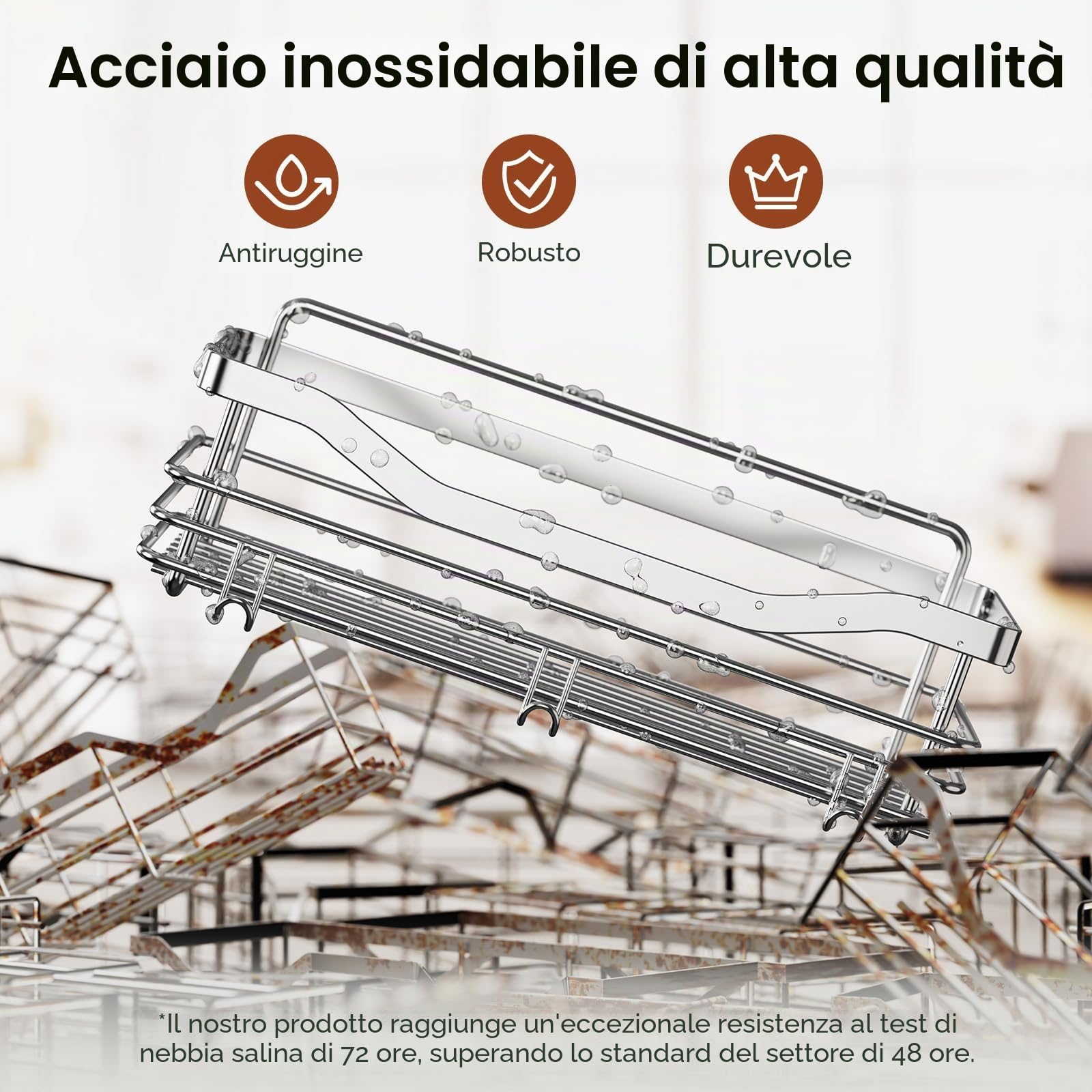 Orimade Acciaio inossidabile SUS304 - Porta doccia con 5 ganci per bagno, cestello per WC, cucina Spice Rack in acciaio SUS304, senza foratura, 2 confezioni