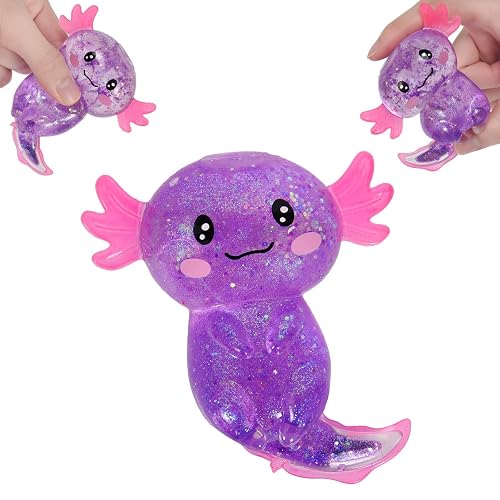 Axolotl Squishy Stress Relief Toy Glitter Fidget Toys Cute Malt Sugar Axolotl Toy Fidget Toys Adults Fidget Toy for Kids Youth Adult, Party Favors Anxiety Relief Squishy Toys(Purple)