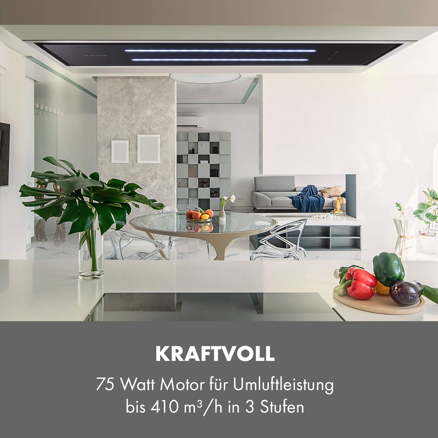 Klarstein High Line Deckenhaube 77 cm 410 m3/h Umluft Abluft LED Fernbedienung Edelstahl schwarzes Glas