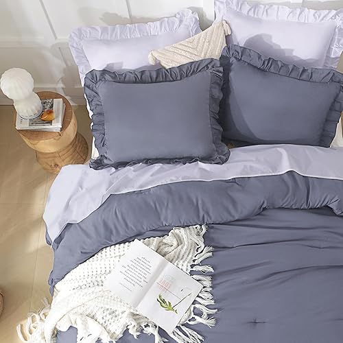 Miniatura 201 de Andency Juego de edredón beige tamaño King, 3 piezas estilo farmhouse shabby chic con volantes, ligero esponjoso suave de microfibra para todas