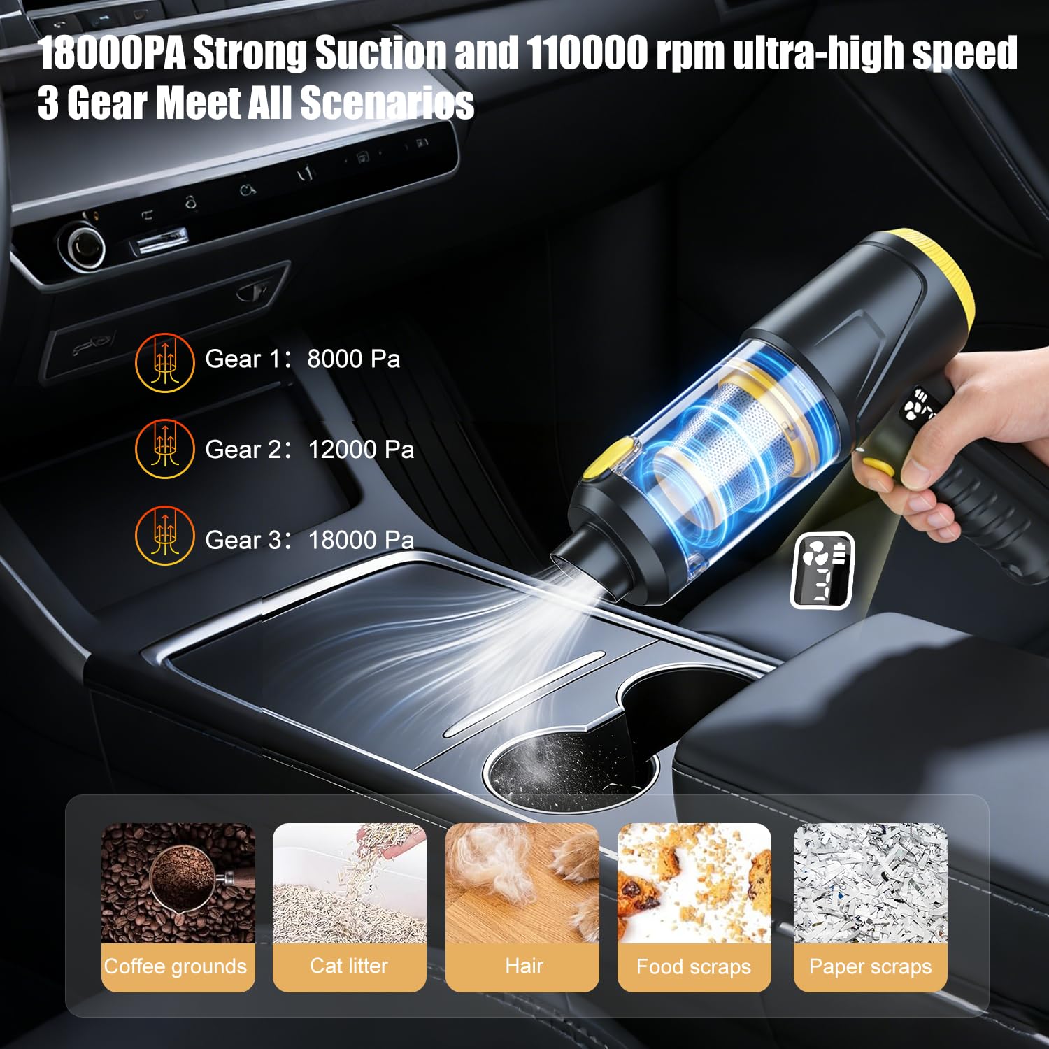 HKC 4 en 1 Soplador y Aspirador 110000RPM, 18000Pa Soplador de Polvo Eléctrico con Motor Sin Escobillas, Aspirador de Mano con Luz LED, Air Duster para PC,Teclado, Exterior, Hogar y Auto