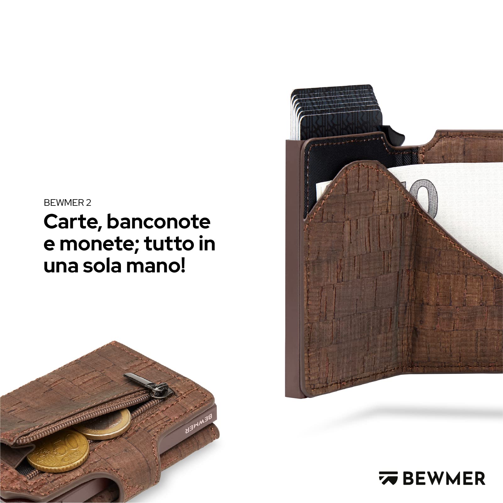 BEWMER Porta Carte di Credito 2 | Portafoglio Slim da Uomo e Donna con Rfid Protection Anticlonazione | Porta Tessere e Soldi con Portamonete