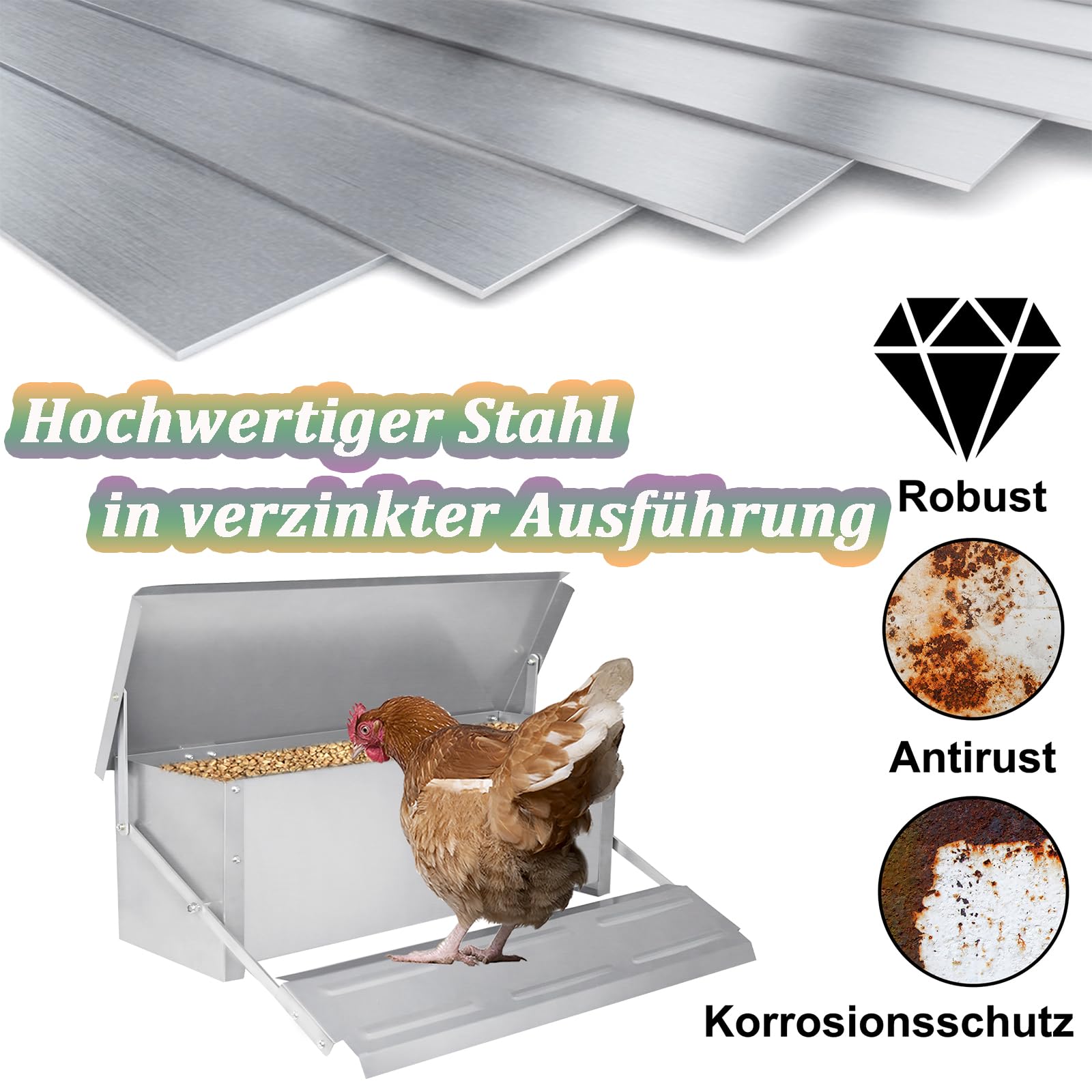 Aufun Comedero automático 10 kg de acero galvanizado | Comedero para gallinas, con patas automáticas y tapa resistente al agua, comedero para aves de corral, pollos, patos, gansos