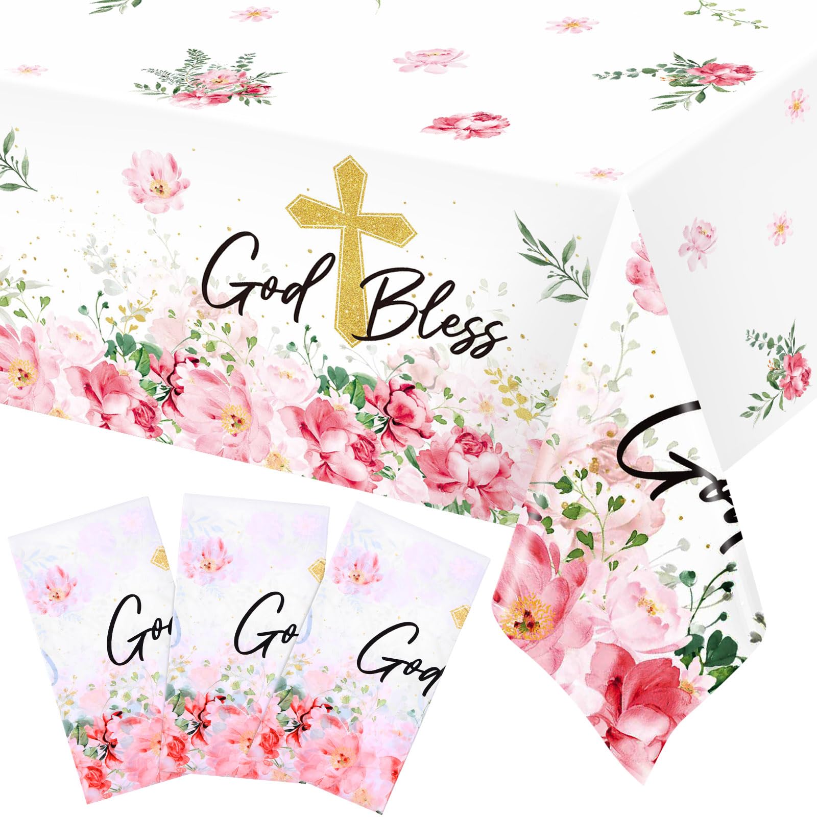 Ganeen 3 Pcs Baptism Tablecloth First Holy Communion Tablecloth God Bless Disposable Pink Plastic Waterproof Cross Table Covers for Christening Baby Shower Religious Decor, 54 x 108 Inch