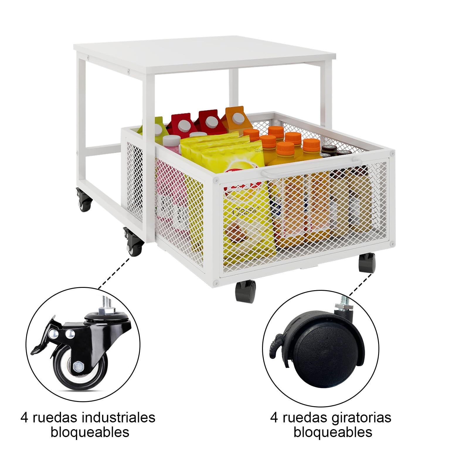 PUNCIA Mueble Soporte Móvil para Mini Nevera con Cesta Metálica Calada | Soporte para Frigorífico Congelador Refrigerador con Base Móvil Estantería con Ruedas para Nevera para Oficina Cocina Salón