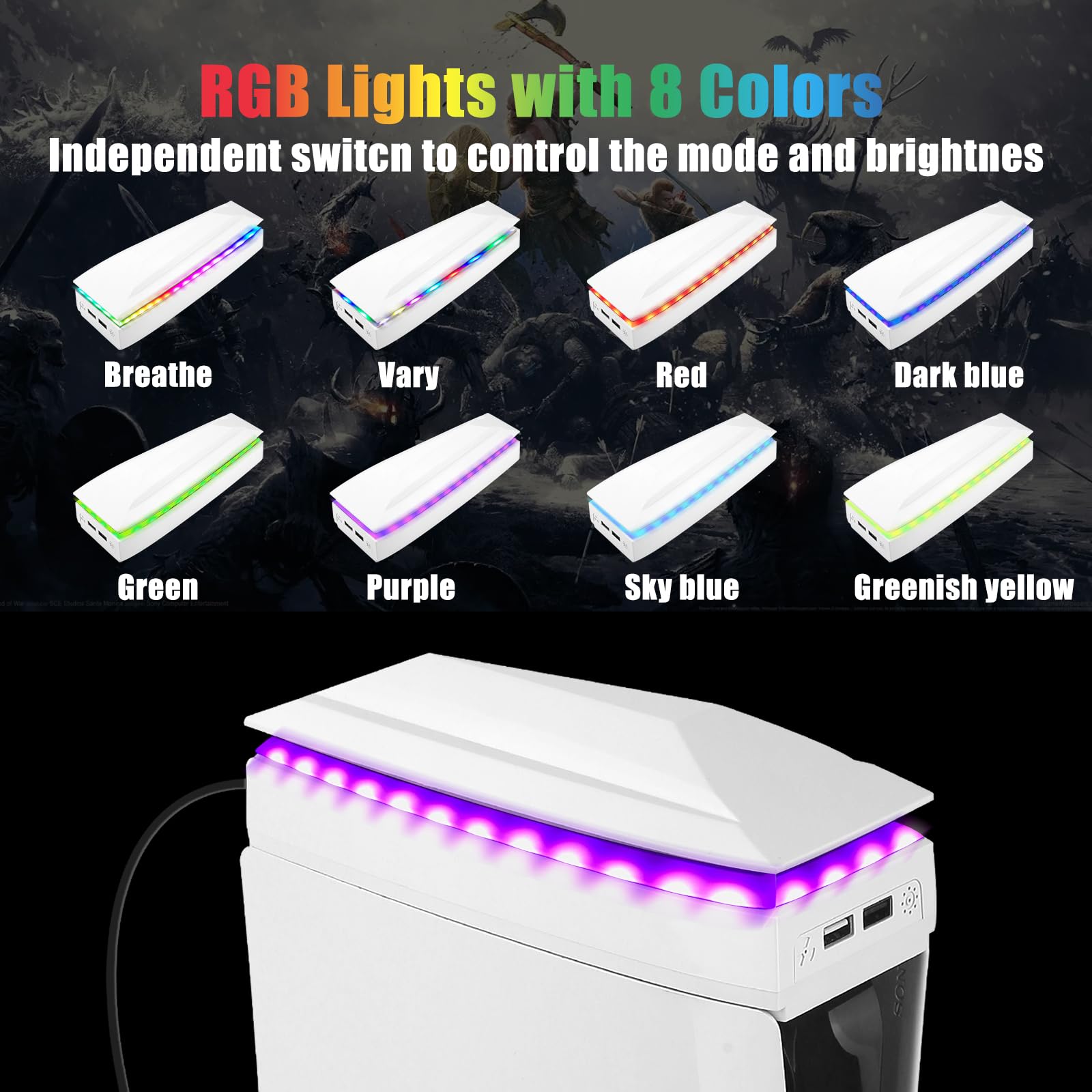 Raryars Console Cooling Fan for PS5 Slim with Dust Cover Colorful LED Light for PS5 Slim Console Disc Edition & Digital Edition Silent Absorb Fan Cooler with 2 USB Port Playstation 5 Slim Cooling System thumbnail 6