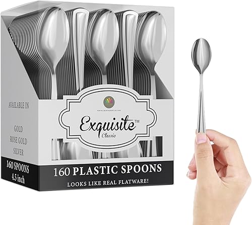 Exquisite Cucharas de té de plástico plateadas resistentes, 160 piezas de cubiertos de plástico plateado, juego de cubiertos desechables de alta