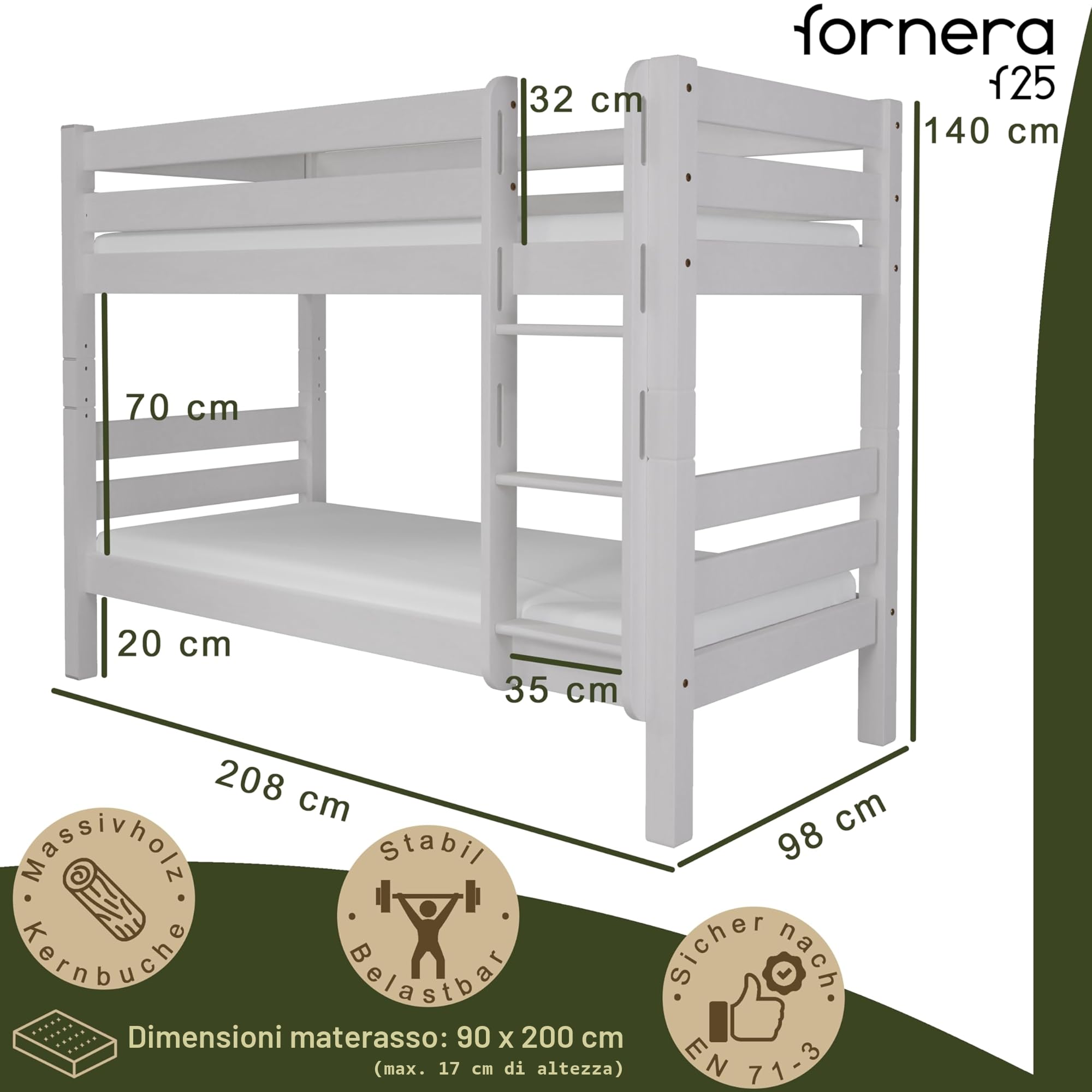 f25 - Letto a castello in legno massiccio di faggio, rete a doghe, letto a castello con doppio telaio, senza scivolo, laccato bianco