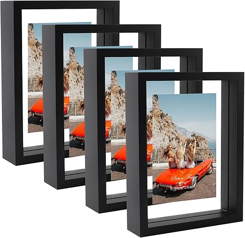 Miniatura 1 de Portarretratos de 4 x 6, paquete de 4 portarretratos flotantes de doble cristal para fotos de hasta 6 x 8 pulgadas, para colgar en el escritorio o