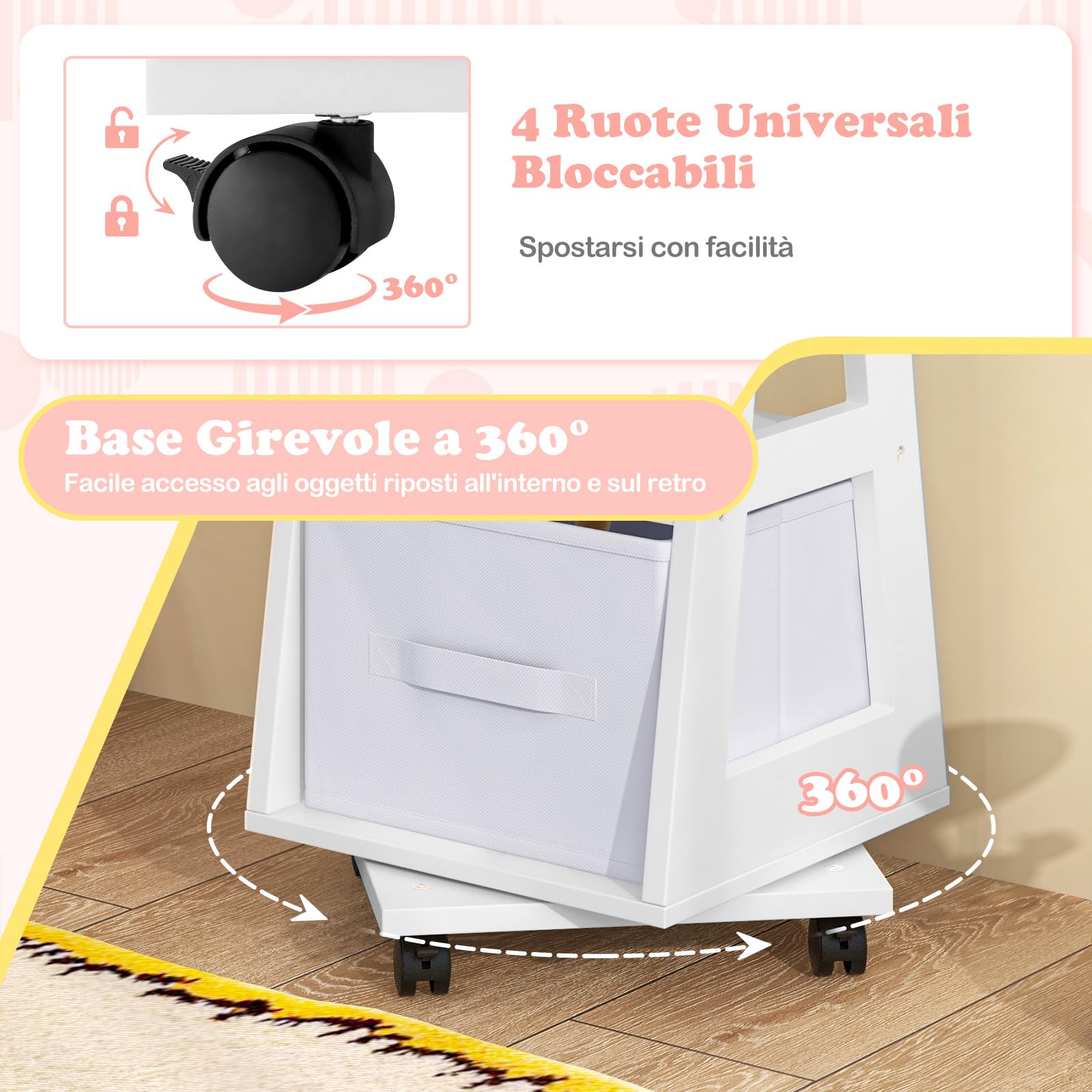 COSTWAY Specchio Portagioie da Terra a Figura Intera con Ruote Bloccabili | Armadietto Portagioielli Girevole Specchiera da Camera da Letto per Bambini 3+ Anni