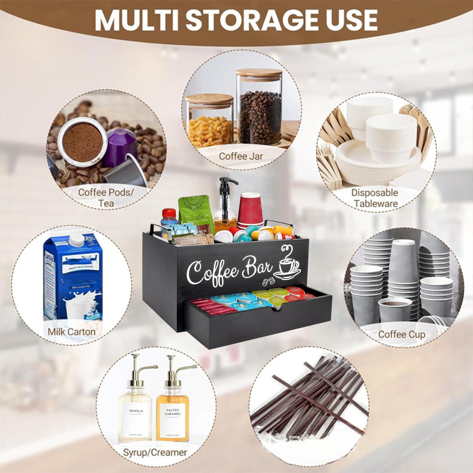 Organisateur de Café Pour Accessoires de Café, Station de Café et Sachets de thé, Boîte de Rangement Pour Capsules de Café, Bar à Café Pour Lait, Serviettes, Capsules, Sucres (2 Niveaux)